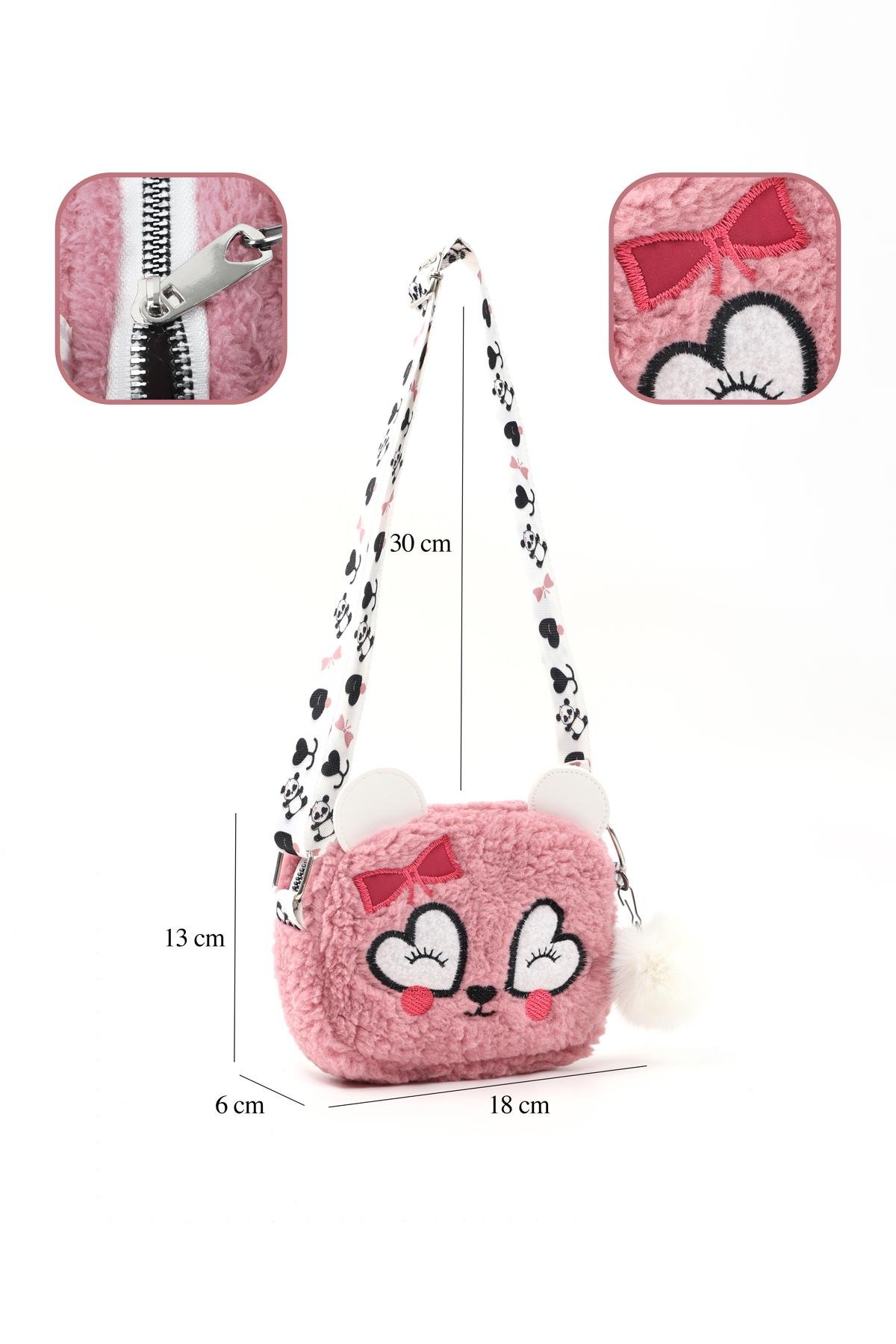 Pudra Shk285 Peluş Kumaş ,Nakış İşlemeli, Fermuarlı Tek Bölmeli Kız Çocuk Çantası