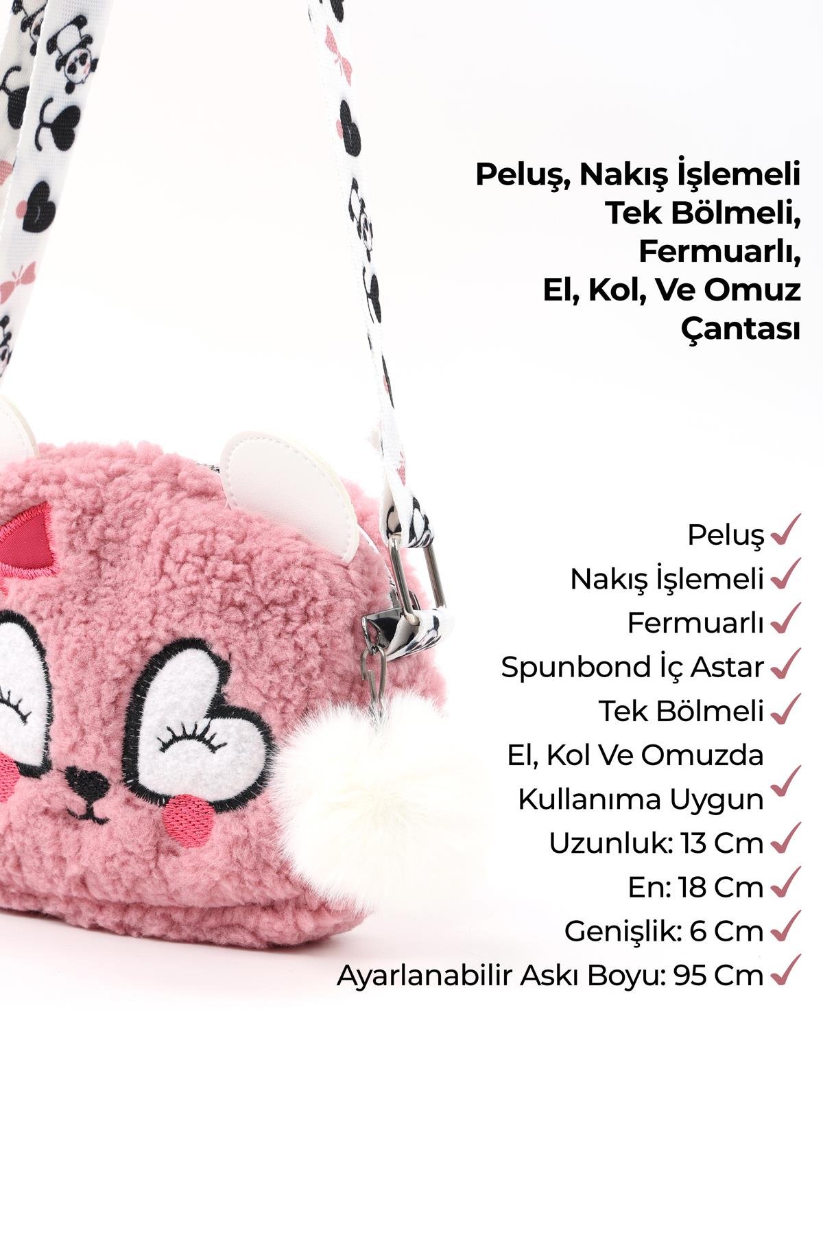 Pudra Shk285 Peluş Kumaş ,Nakış İşlemeli, Fermuarlı Tek Bölmeli Kız Çocuk Çantası