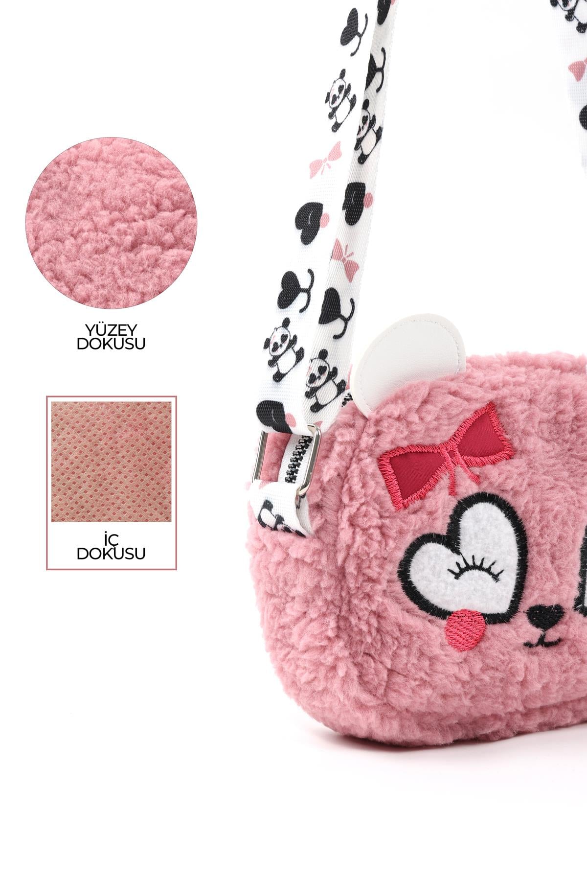 Pudra Shk285 Peluş Kumaş ,Nakış İşlemeli, Fermuarlı Tek Bölmeli Kız Çocuk Çantası