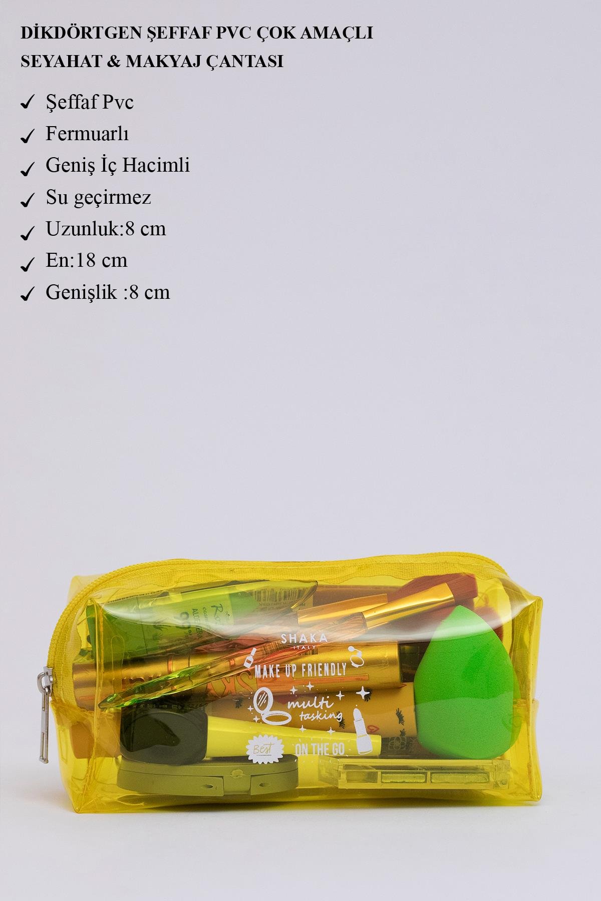 Sarı Shk104 Dikdörtgen Şeffaf Pvc Çok Amaçlı Seyahat & Makyaj Çantası U:8 E:19 G:8 cm