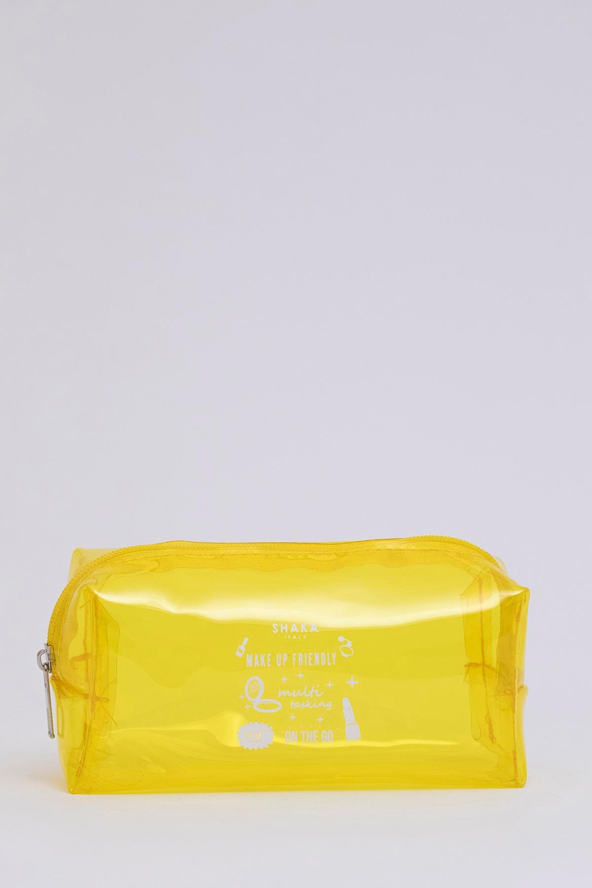 Sarı Shk104 Dikdörtgen Şeffaf Pvc Çok Amaçlı Seyahat & Makyaj Çantası U:8 E:19 G:8 cm