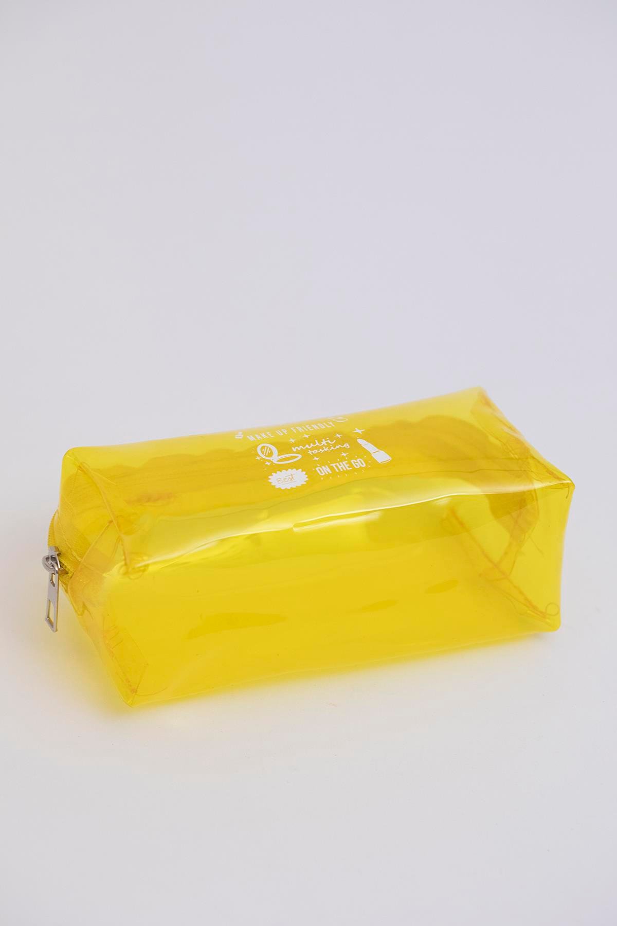 Sarı Shk104 Dikdörtgen Şeffaf Pvc Çok Amaçlı Seyahat & Makyaj Çantası U:8 E:19 G:8 cm