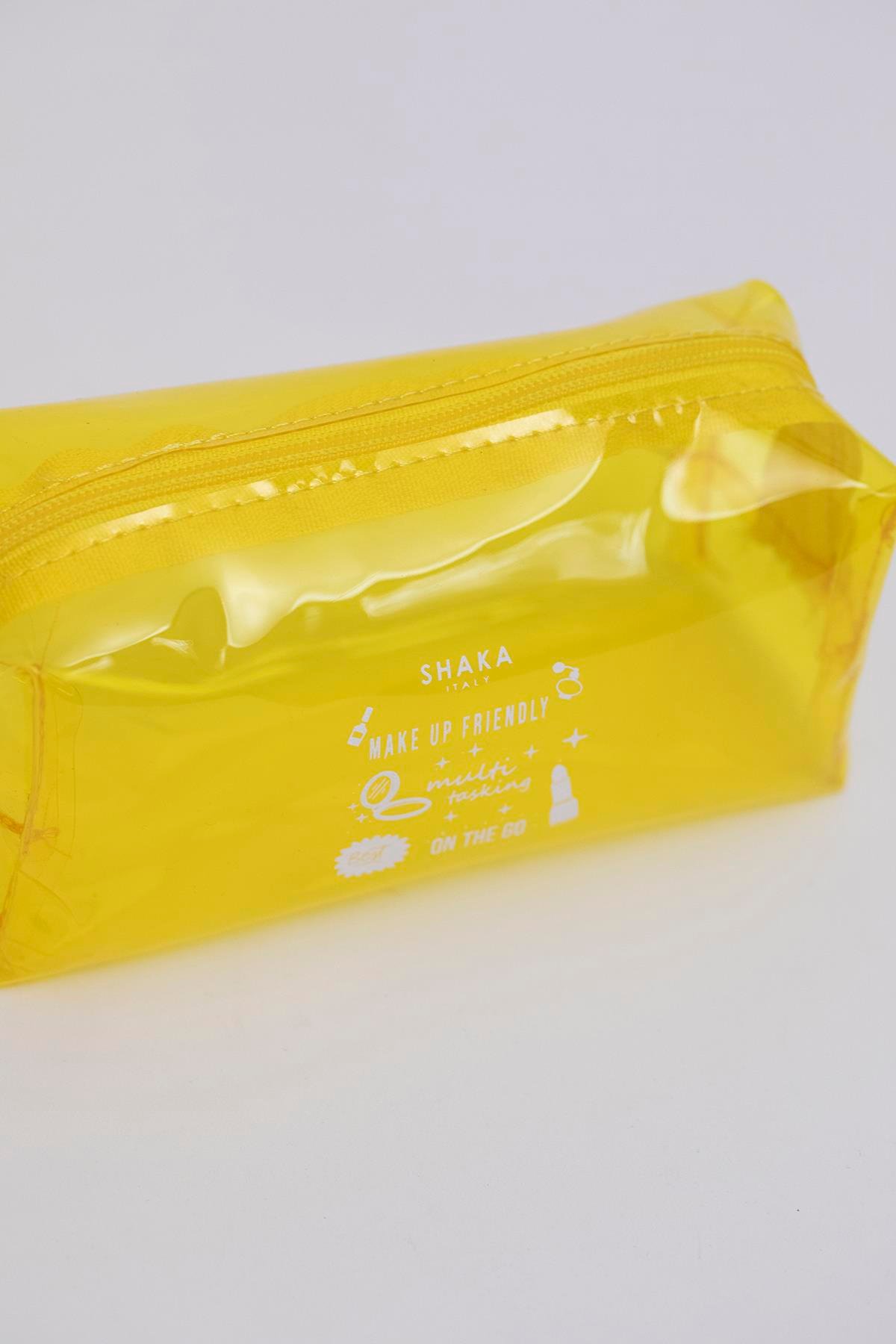 Sarı Shk104 Dikdörtgen Şeffaf Pvc Çok Amaçlı Seyahat & Makyaj Çantası U:8 E:19 G:8 cm
