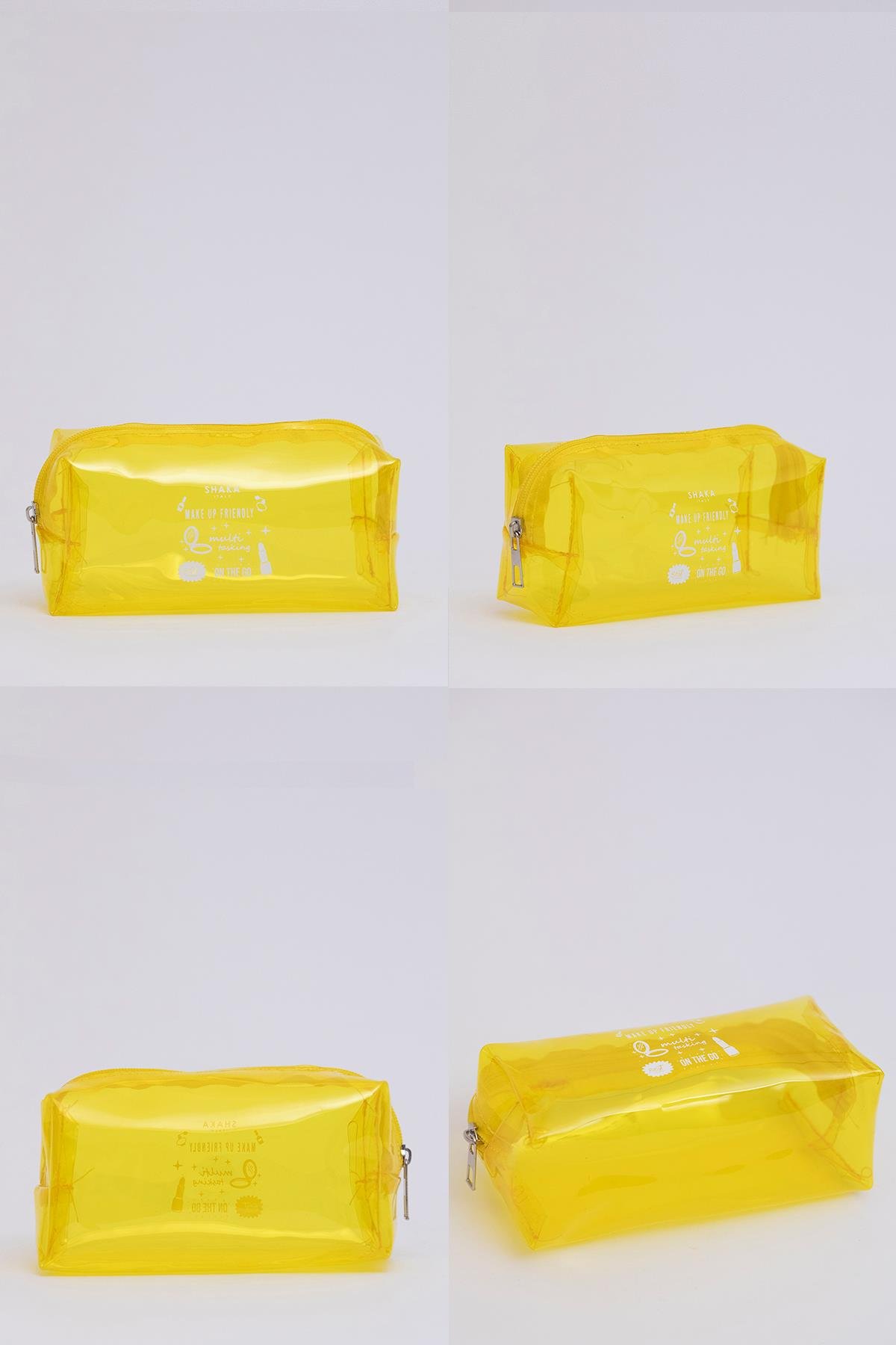 Sarı Shk104 Dikdörtgen Şeffaf Pvc Çok Amaçlı Seyahat & Makyaj Çantası U:8 E:19 G:8 cm