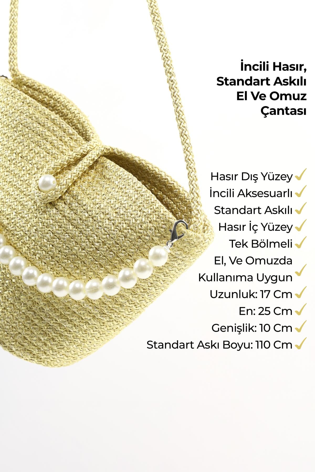 Sarı SHK245 İncili Hasır Kumaş Tek Bölmeli, Askılı El, Kol ve Omuz Çantası