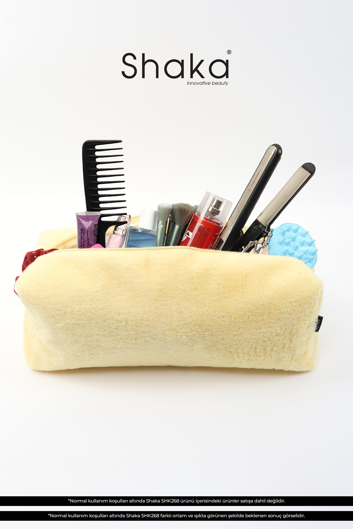 Sarı SHK268 XL Boy Peluş Kumaş ,Saç Şekillendirici , Makyaj ve Seyahat Çantası