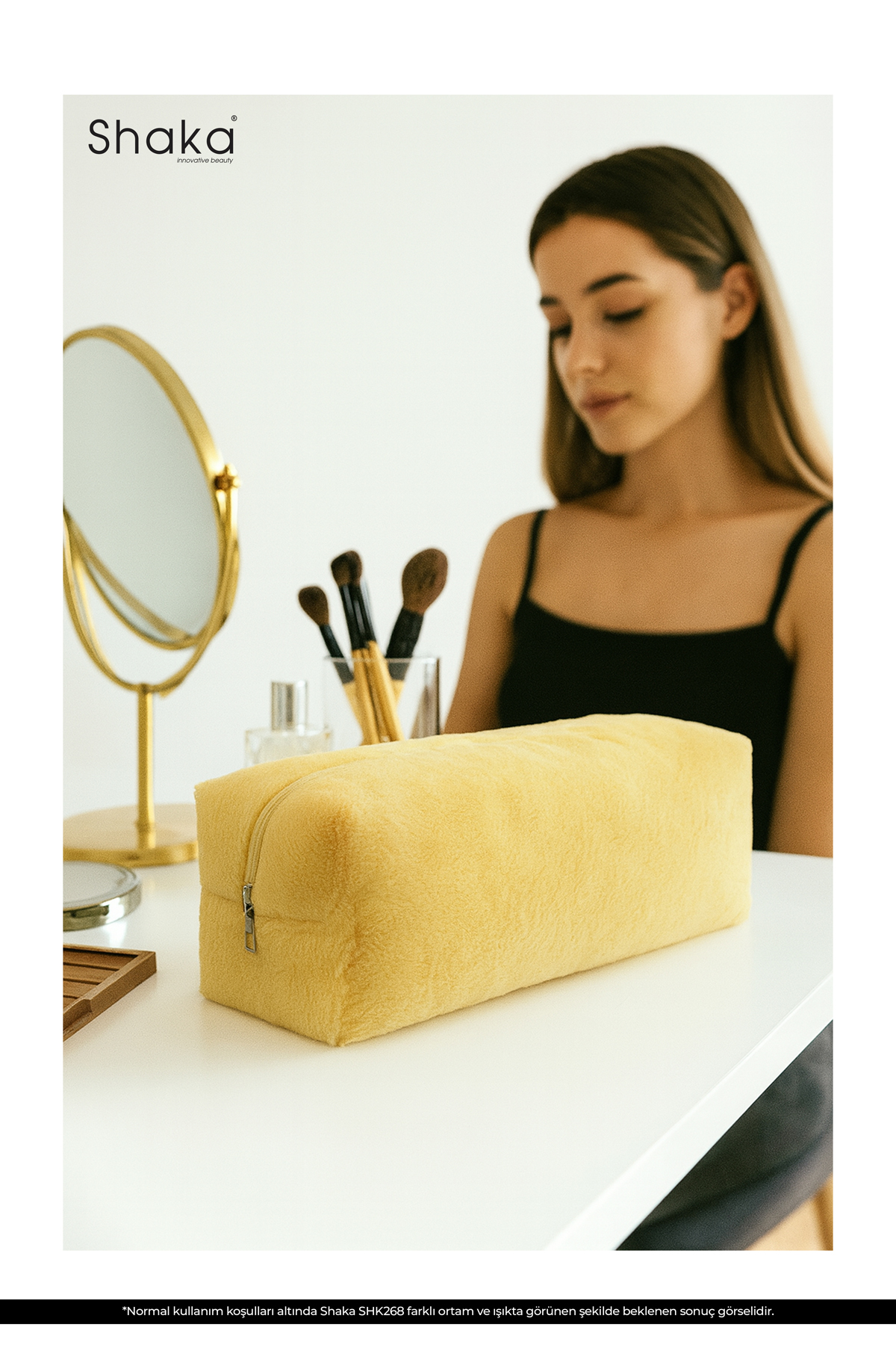 Sarı SHK268 XL Boy Peluş Kumaş ,Saç Şekillendirici , Makyaj ve Seyahat Çantası