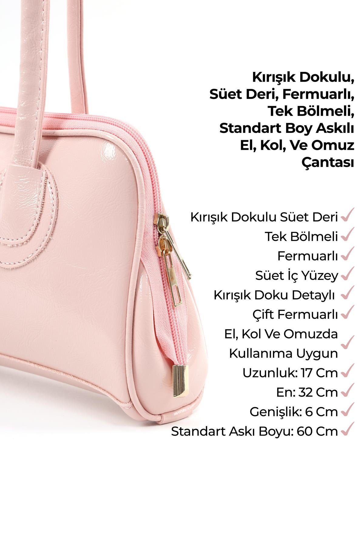 Şeker Pembesi Shk227 Kırışık Dokulu,Suni Deri, Fermuarlı ,Tek Bölmeli ,Askılı El, Kol Ve Omuz Çantası