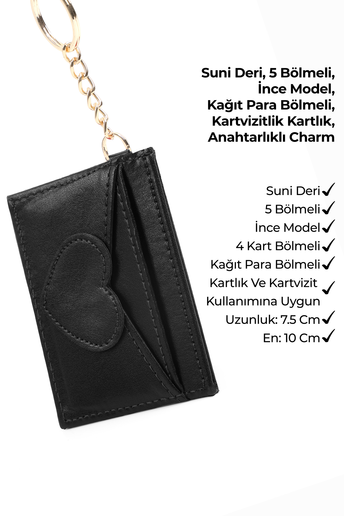 Siyah SHK134 Suni Deri,Beş Bölmeli,Kalp Figürlü Kartlık ve Çanta Charmı