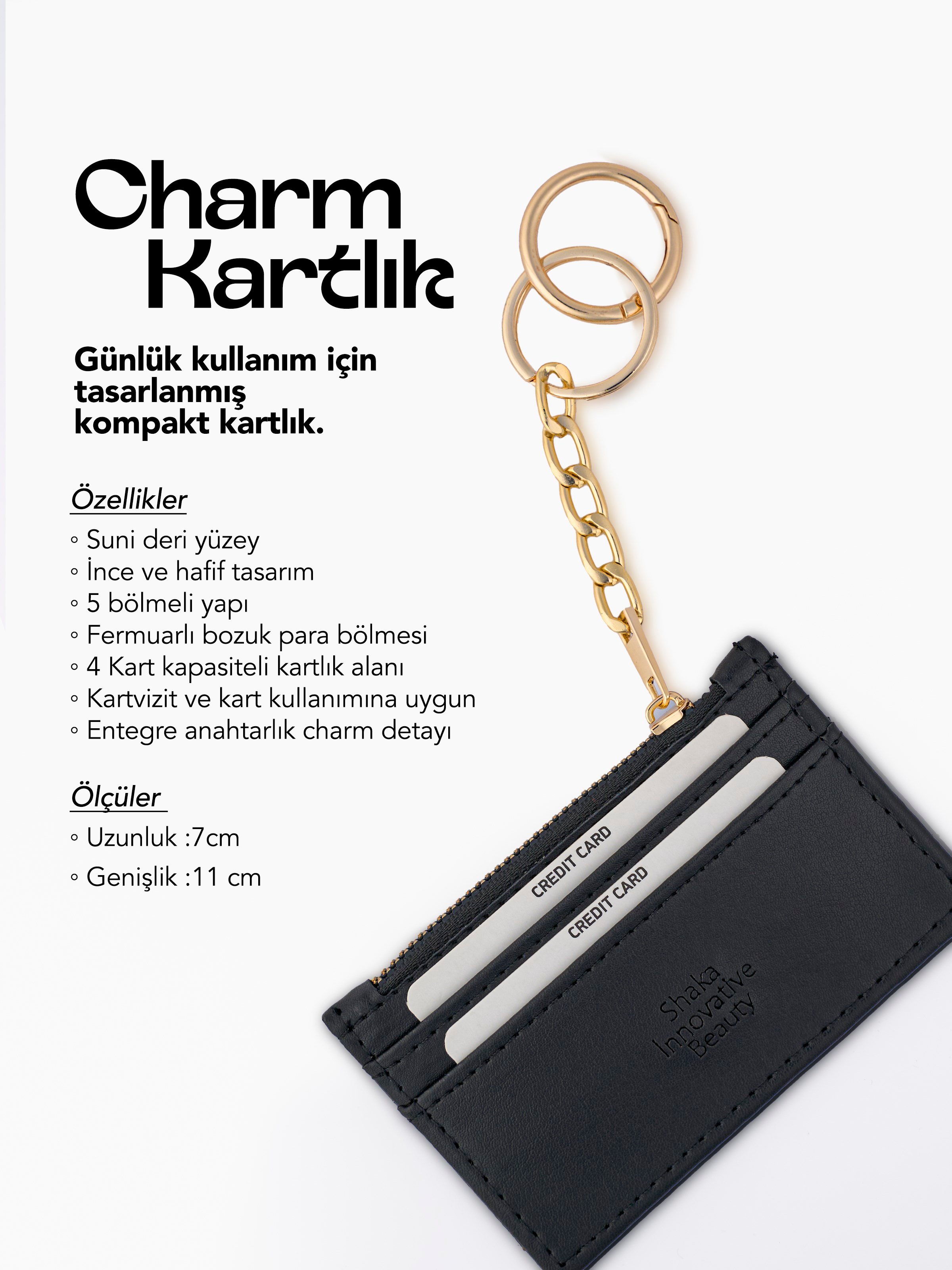 Siyah SHK136 Suni Deri,Fermuarlı,Beş Bölmeli Kartlık ve Çanta Charmı