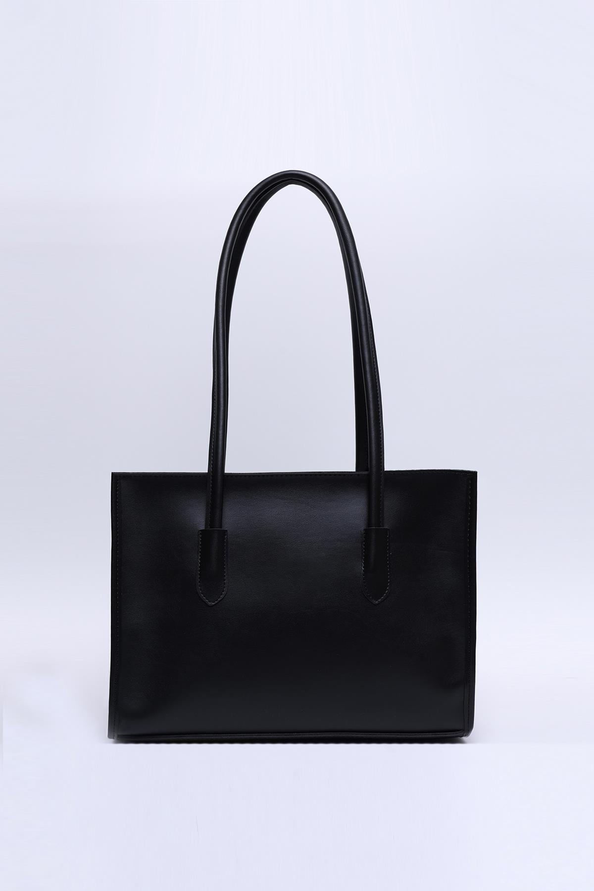 Siyah Shk173 Suni Deri, Tek Bölmeli, Fermuarlı, Makyaj Çantalı El, Kol ve Omuz Çantası U:24 E:34 G:13 Cm