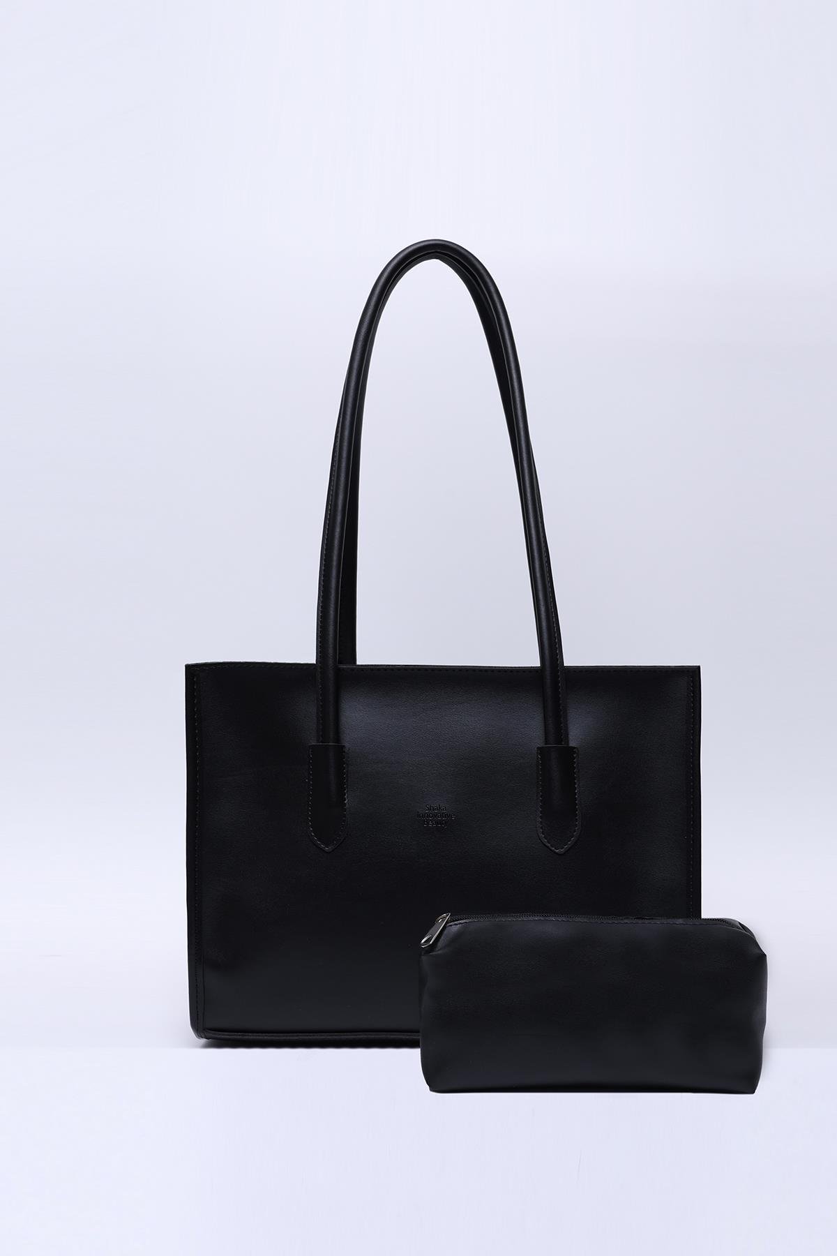 Siyah Shk173 Suni Deri, Tek Bölmeli, Fermuarlı, Makyaj Çantalı El, Kol ve Omuz Çantası U:24 E:34 G:13 Cm