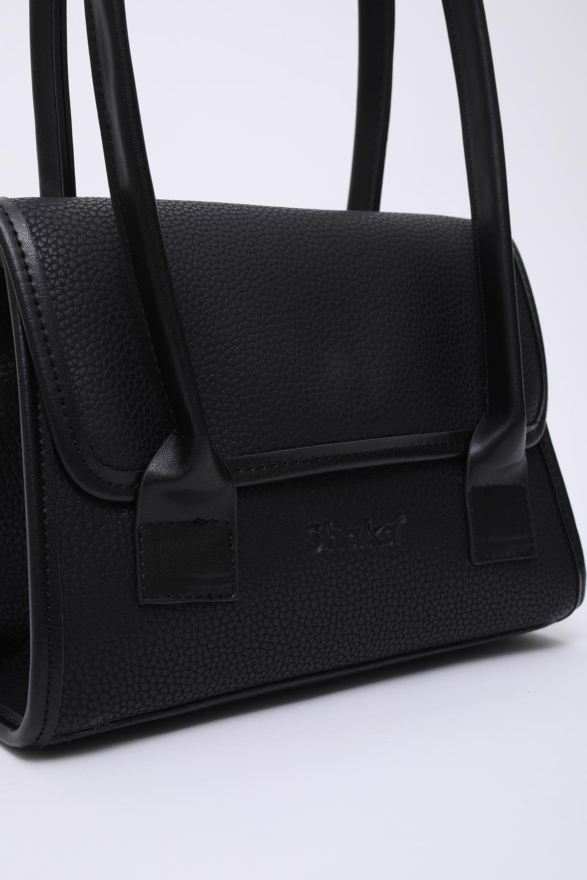 Siyah Shk178 Suni Deri, Tek Bölmeli, Çıtçıtlı, El, Kol ve Omuz Çantası E:23 U:21 G:7 Cm