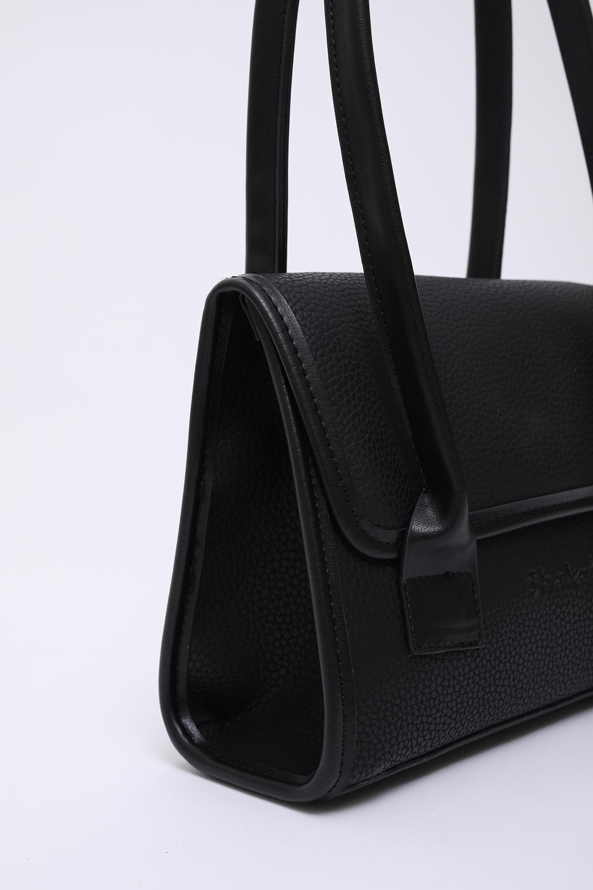 Siyah Shk178 Suni Deri, Tek Bölmeli, Çıtçıtlı, El, Kol ve Omuz Çantası E:23 U:21 G:7 Cm