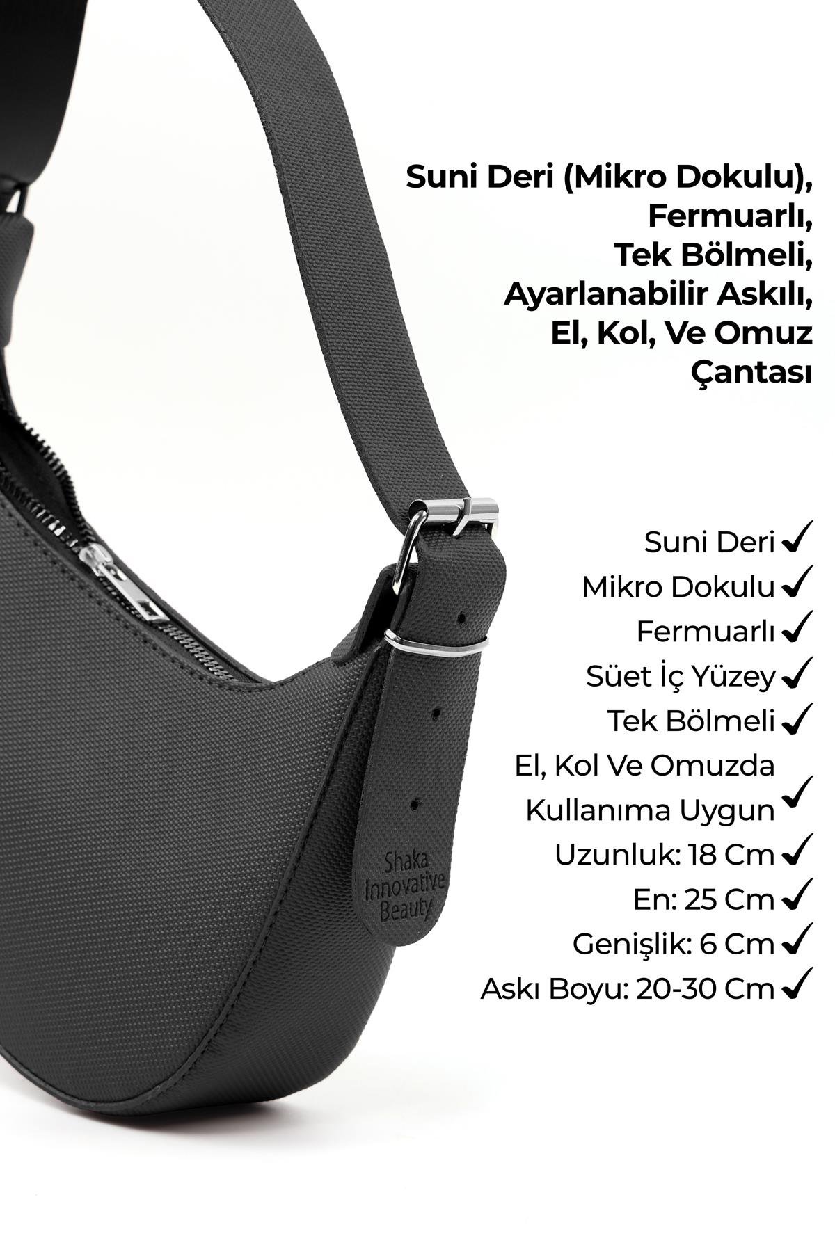 Siyah SHK196 Suni Deri Fermuarlı ,Tek Bölmeli, Ayarlanabilir Askılı El, Kol ve Omuz Çantası