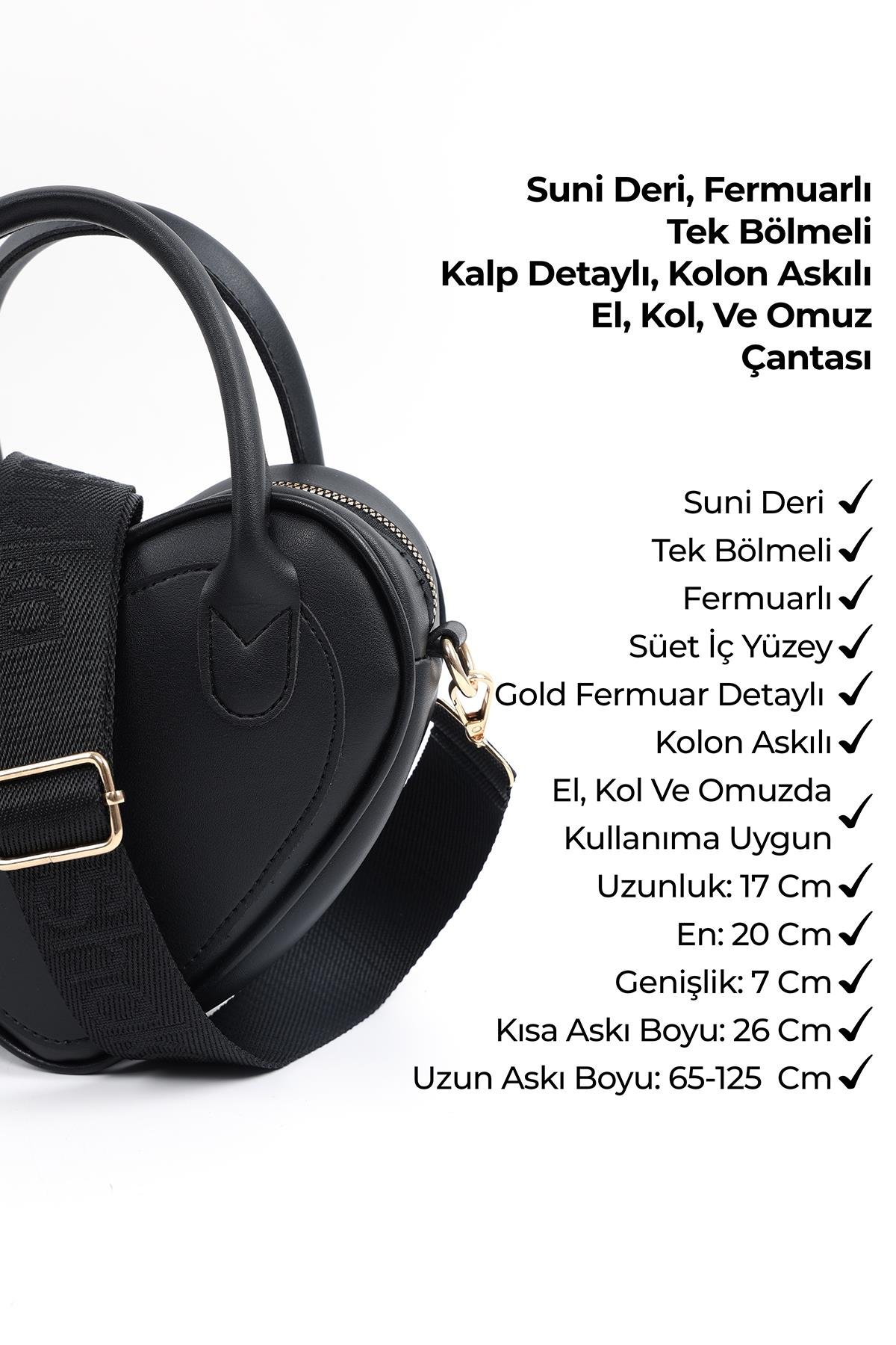 Siyah Shk236 Suni Deri Fermuarlı Tek Bölmeli Kalp Model El, Kol Ve Omuz Çantası