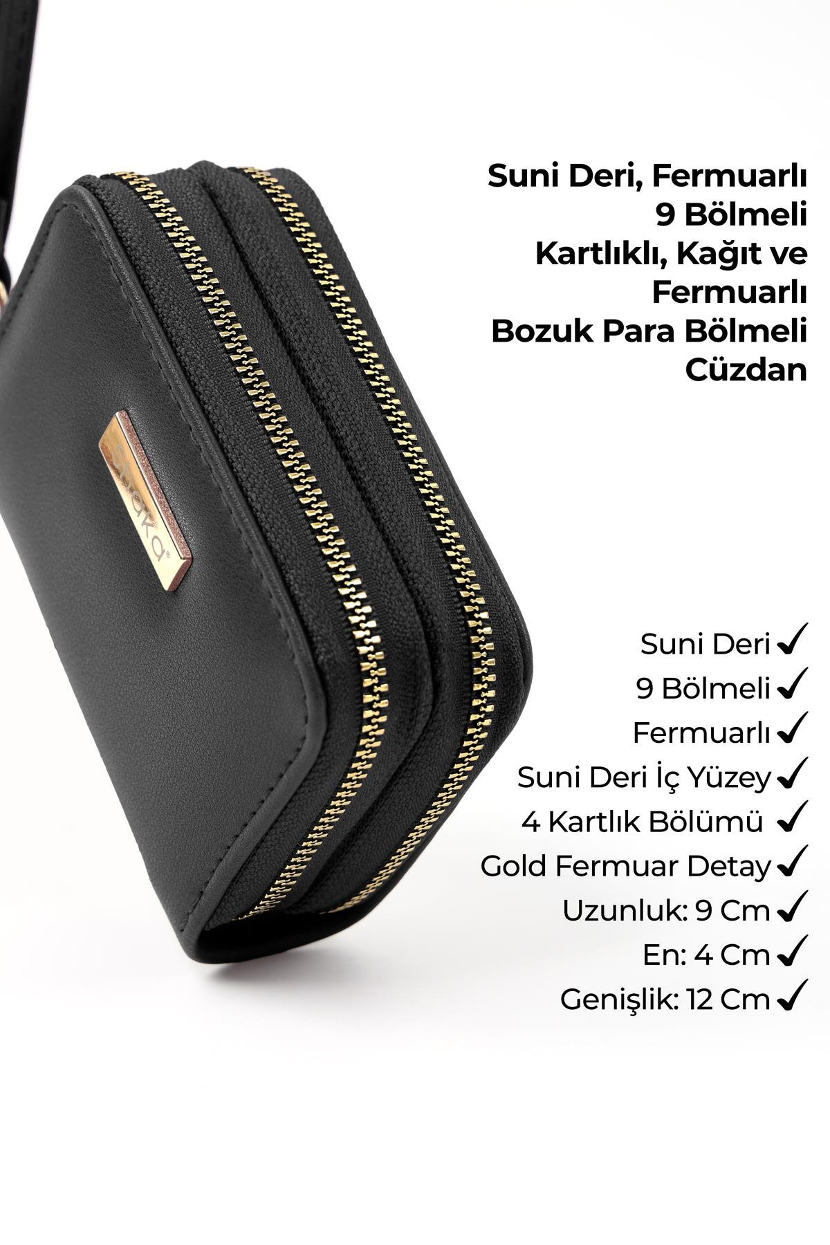 Siyah Shk266 Suni Deri 9 Bölmeli, Fermuarlı, Kartlık ve Bozuk Para Bölmeli Cüzdan