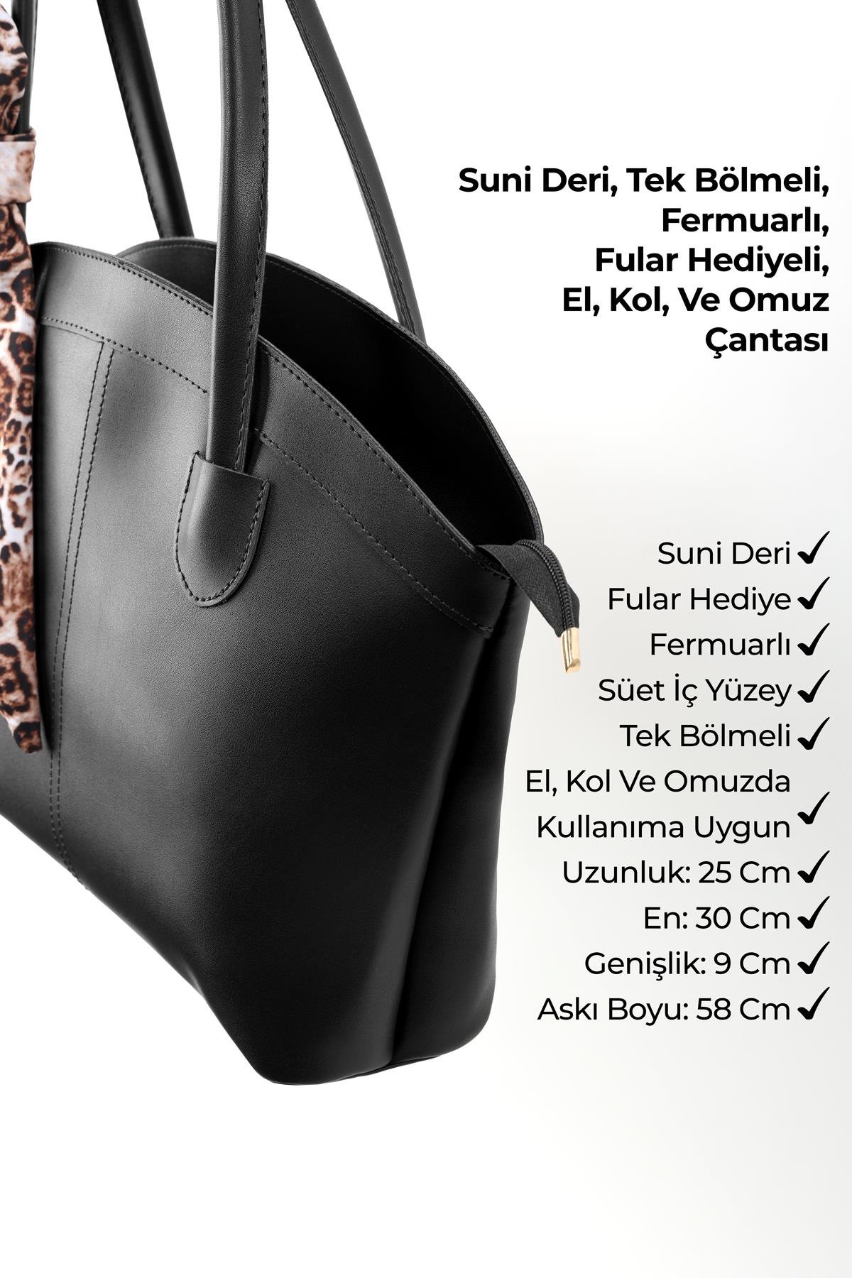 Siyah SHK274 Suni Deri Fermuarlı Tek Bölmeli Fular Hediyeli El,Kol ve Omuz Çantası