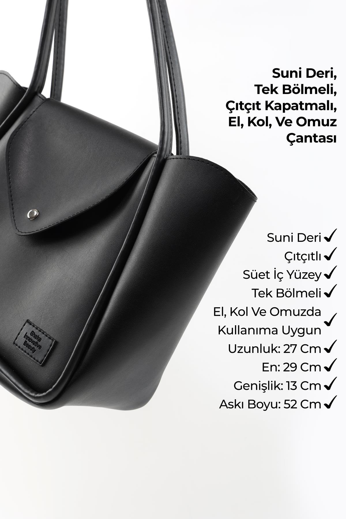 Siyah SHK275 Suni Deri Büyük Boy Çıtçıtlı Omuz Çantası ve Cüzdan Seti (Shk249-Shk66)