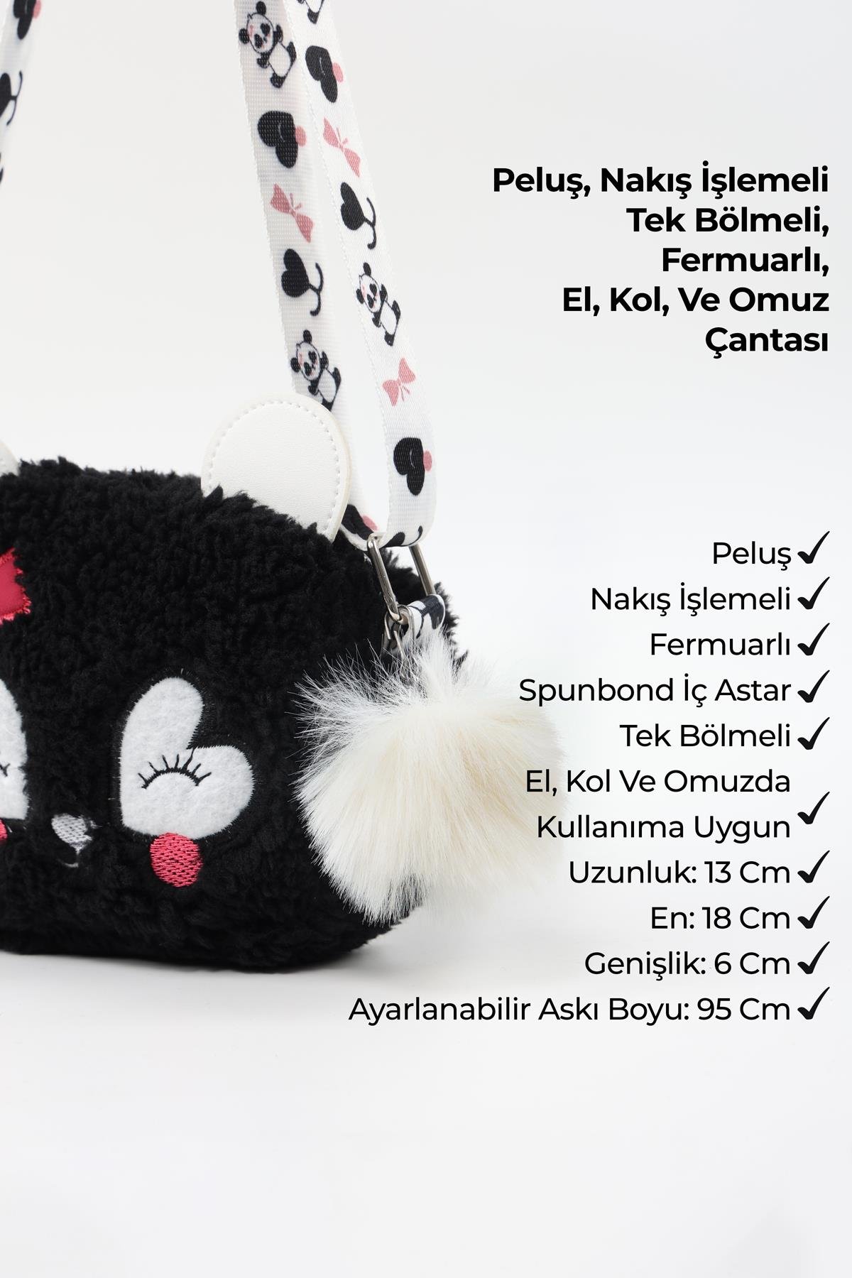 Siyah Shk285 Peluş Kumaş ,Nakış İşlemeli, Fermuarlı Tek Bölmeli Kız Çocuk Çantası