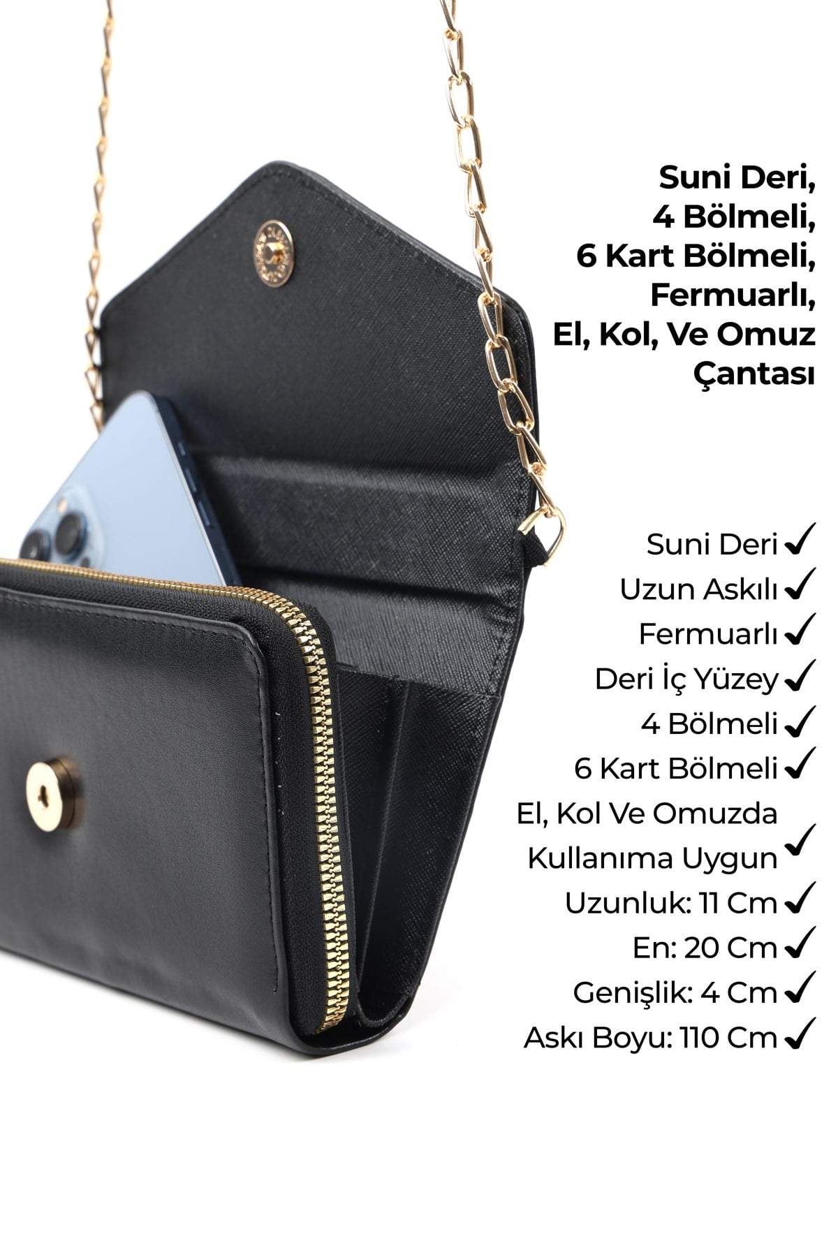 Siyah SHK286 Suni Deri 4 Bölmeli,Zincirli ,Telefonluk ve Omuz Çantası