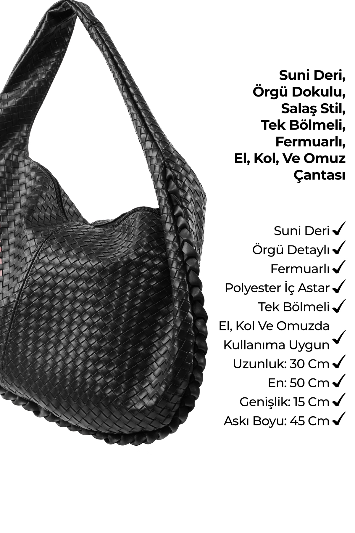 Siyah SHK311 Örgü Desenli Suni Deri,Fermuarlı,Tek Bölmeli ,Astarlı,El,Kol ve Omuz Çantası