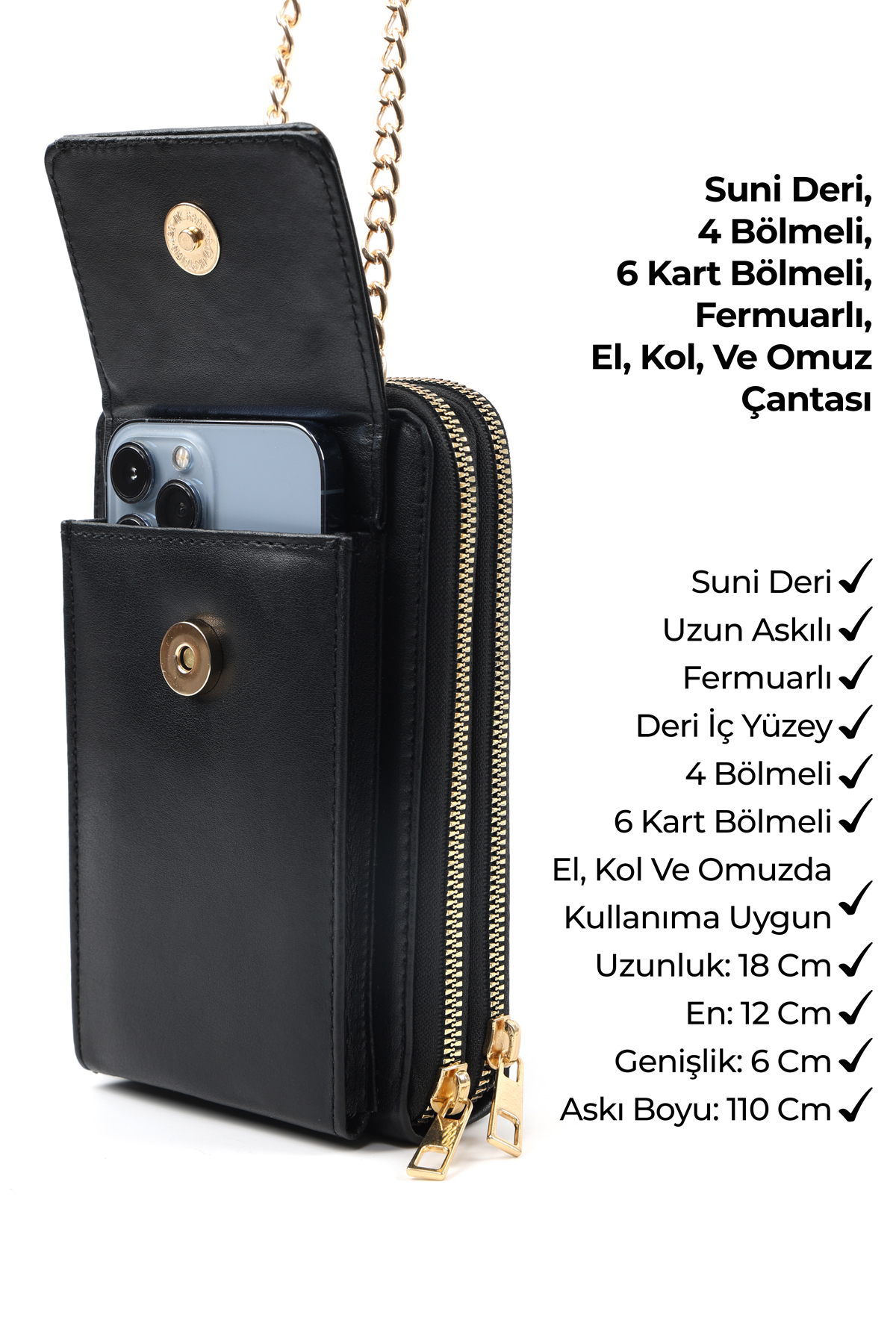 Siyah SHK312 Suni Deri 4 Bölmeli,Zincirli ,Telefonluk ve Omuz Çantası