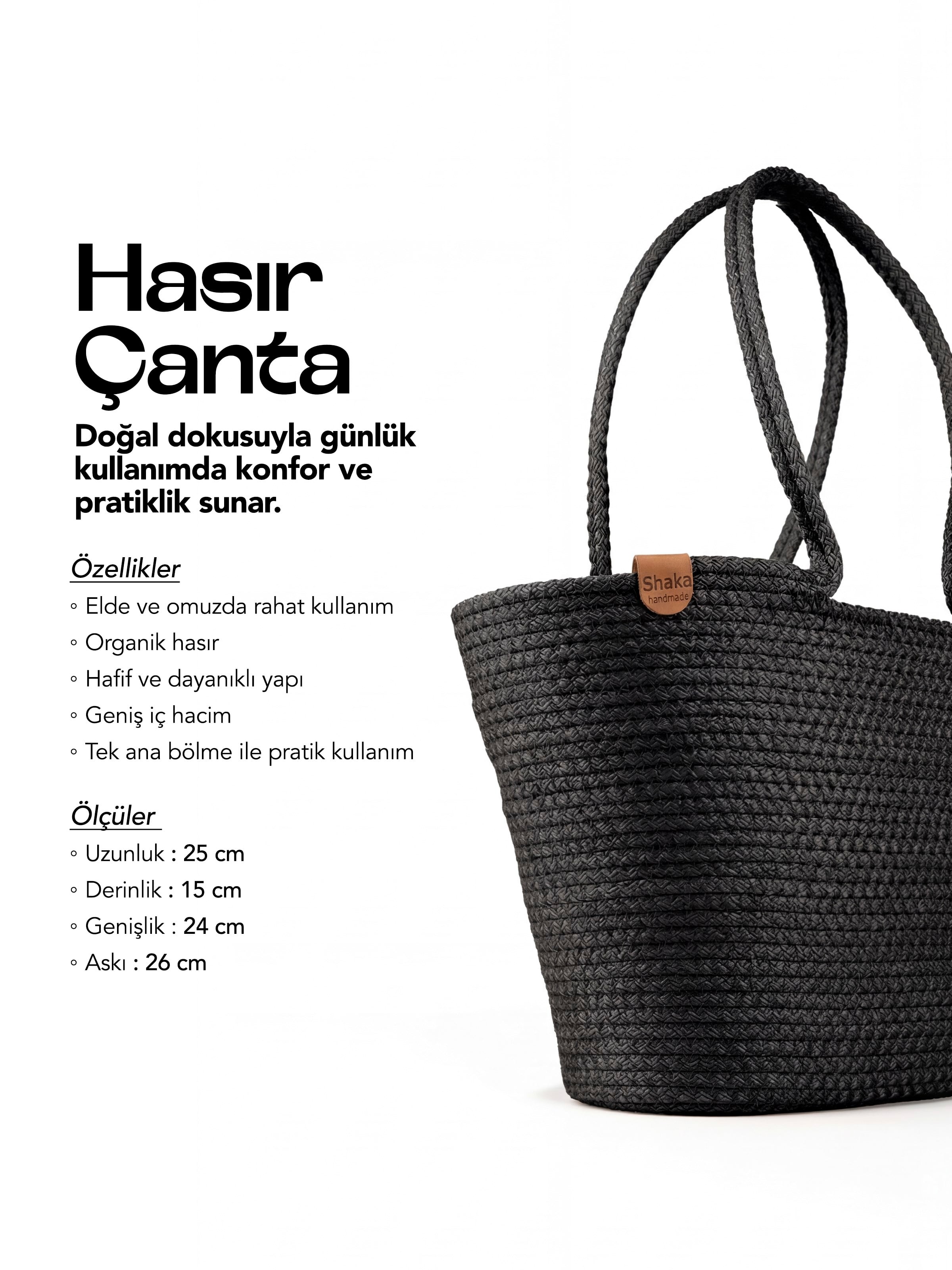 Siyah Shk314 Handcrafted, Hasır,Plaj, El,Kol ve Omuz Çantası