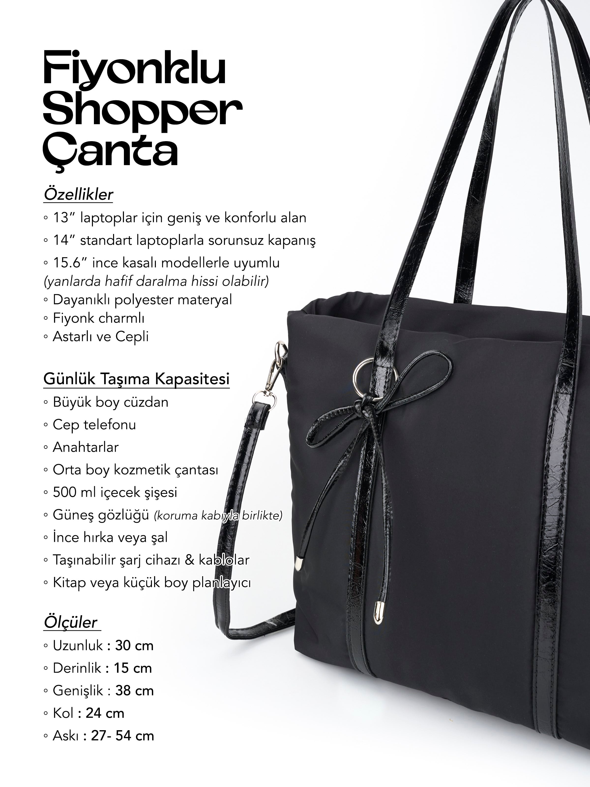 Siyah SHK319 Fiyonk Charmlı,Fermuarlı,Astarlı Shopper Çanta