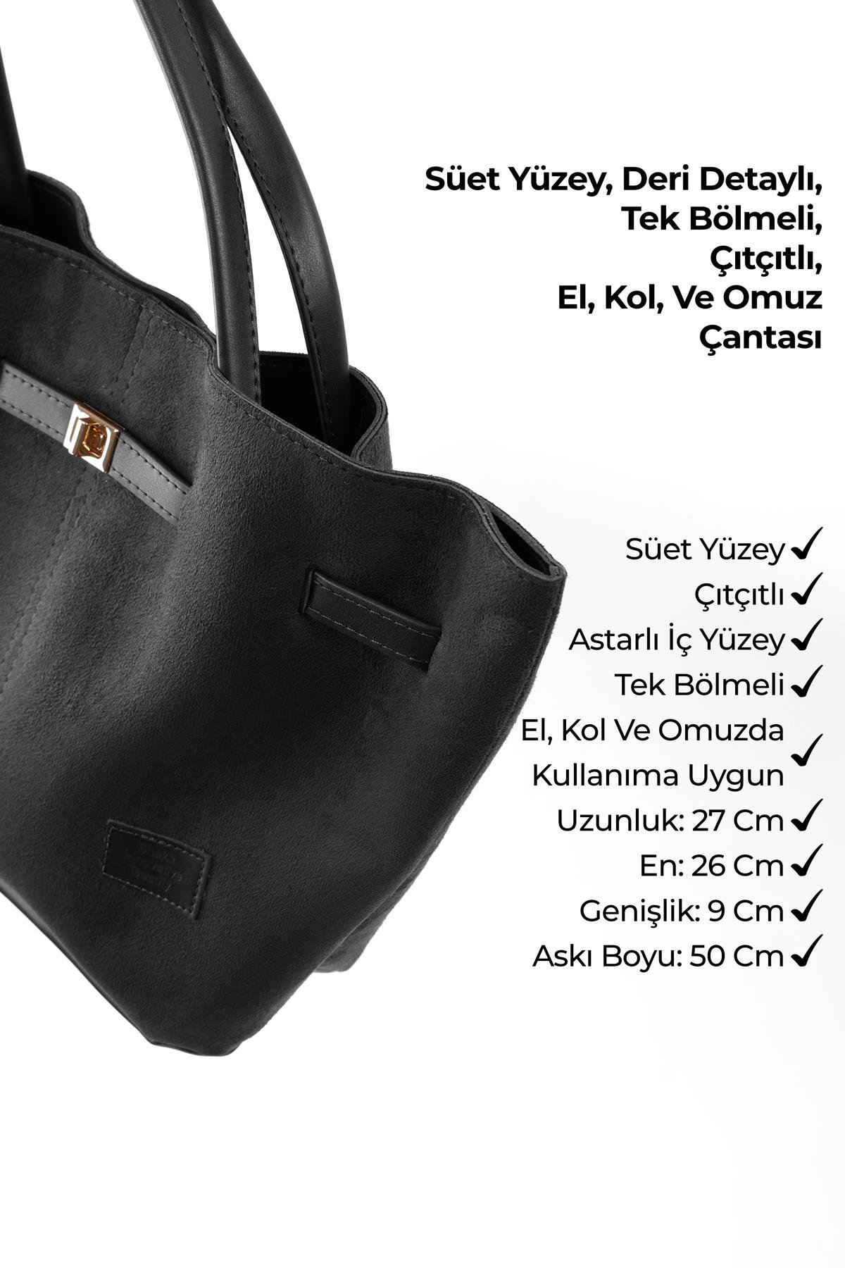 Siyah Süet Shk159 Suni Deri, Astarlı, Çıtçıtlı, Kilit Detaylı El, Kol ve Omuz Çantası