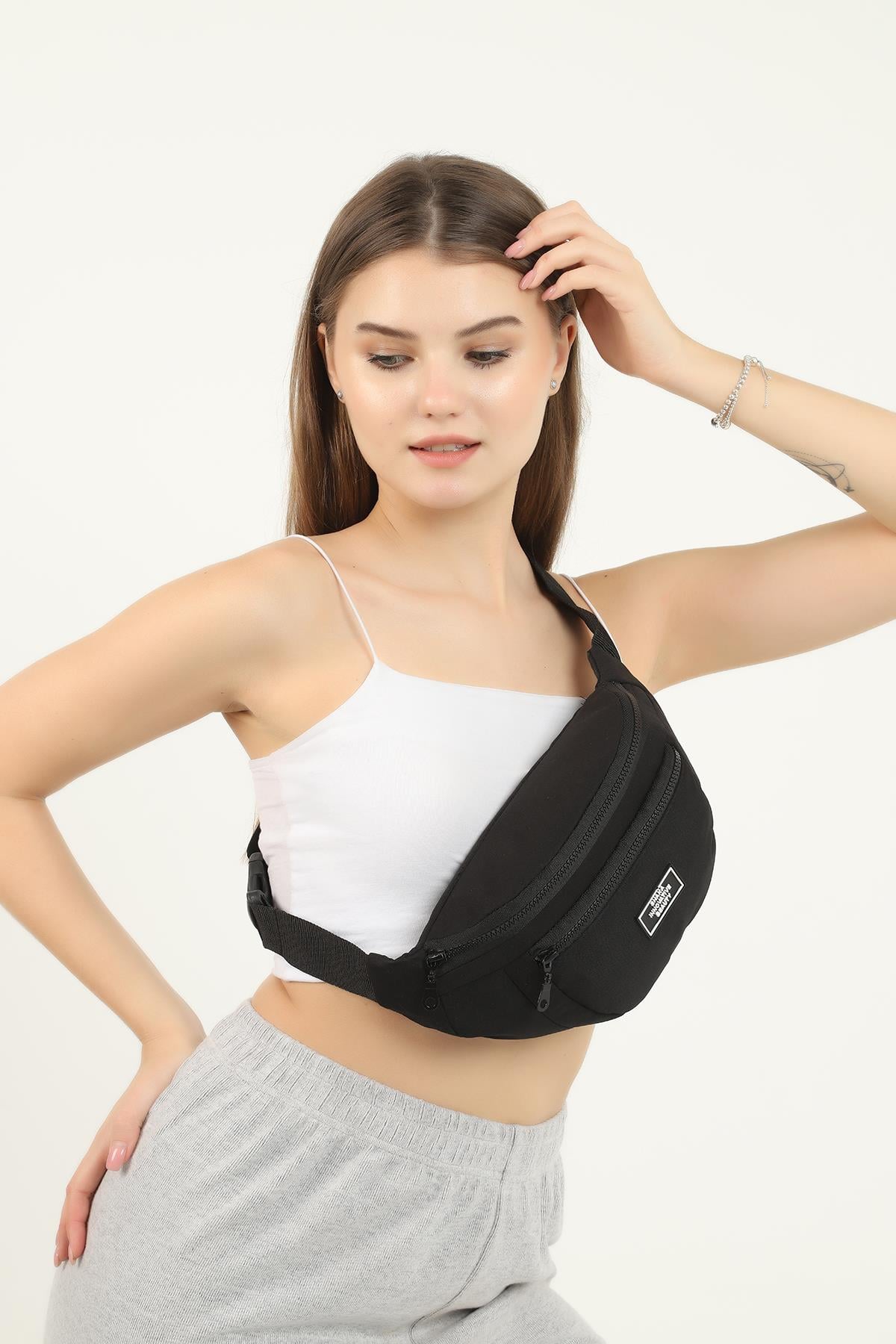 Siyah U8 Kanvas Kumaş, Fermuarlı ,2 Bölmeli , Ayarlanabilir Askılı Unisex Bel ve Omuz Çantası