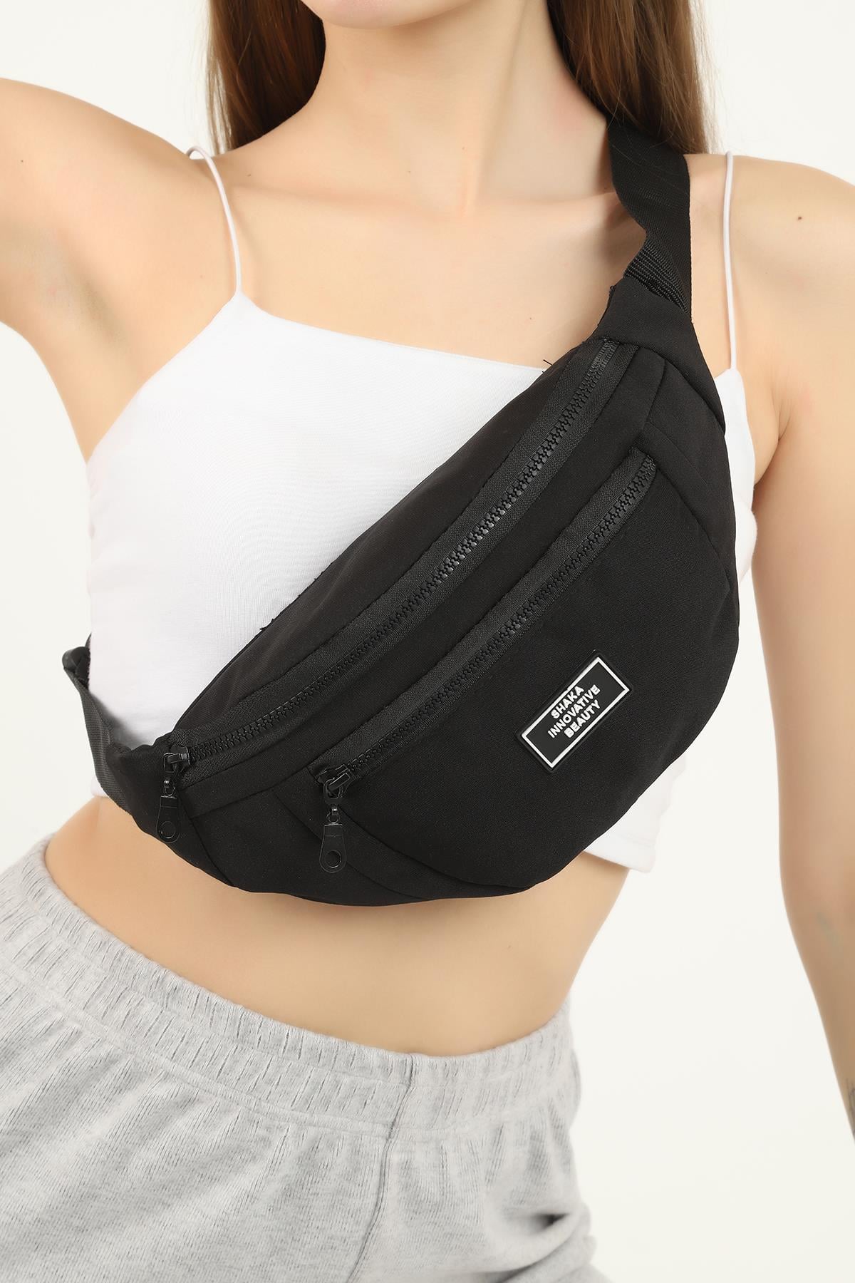 Siyah U8 Kanvas Kumaş, Fermuarlı ,2 Bölmeli , Ayarlanabilir Askılı Unisex Bel ve Omuz Çantası