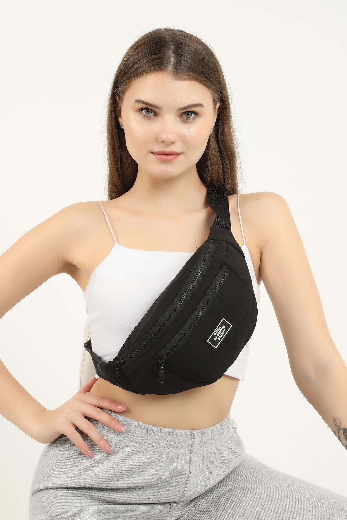 Siyah U8 Kanvas Kumaş, Fermuarlı ,2 Bölmeli , Ayarlanabilir Askılı Unisex Bel ve Omuz Çantası