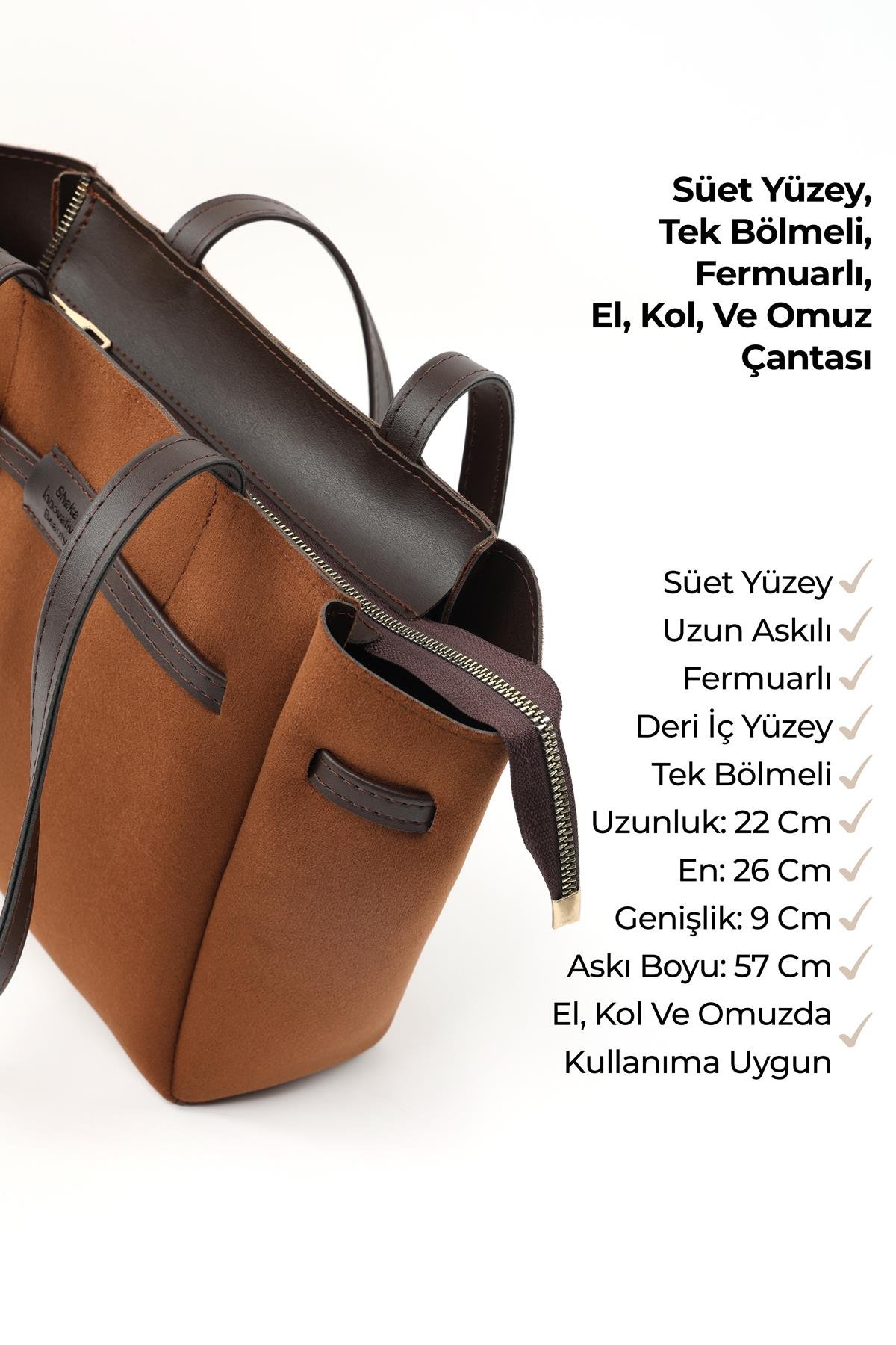 Süet Taba/Kahverengi Shk265 Suni Deri ,Fermuarlı Tek Bölmeli, Kemer Detaylı El, Kol ve Omuz Çantası