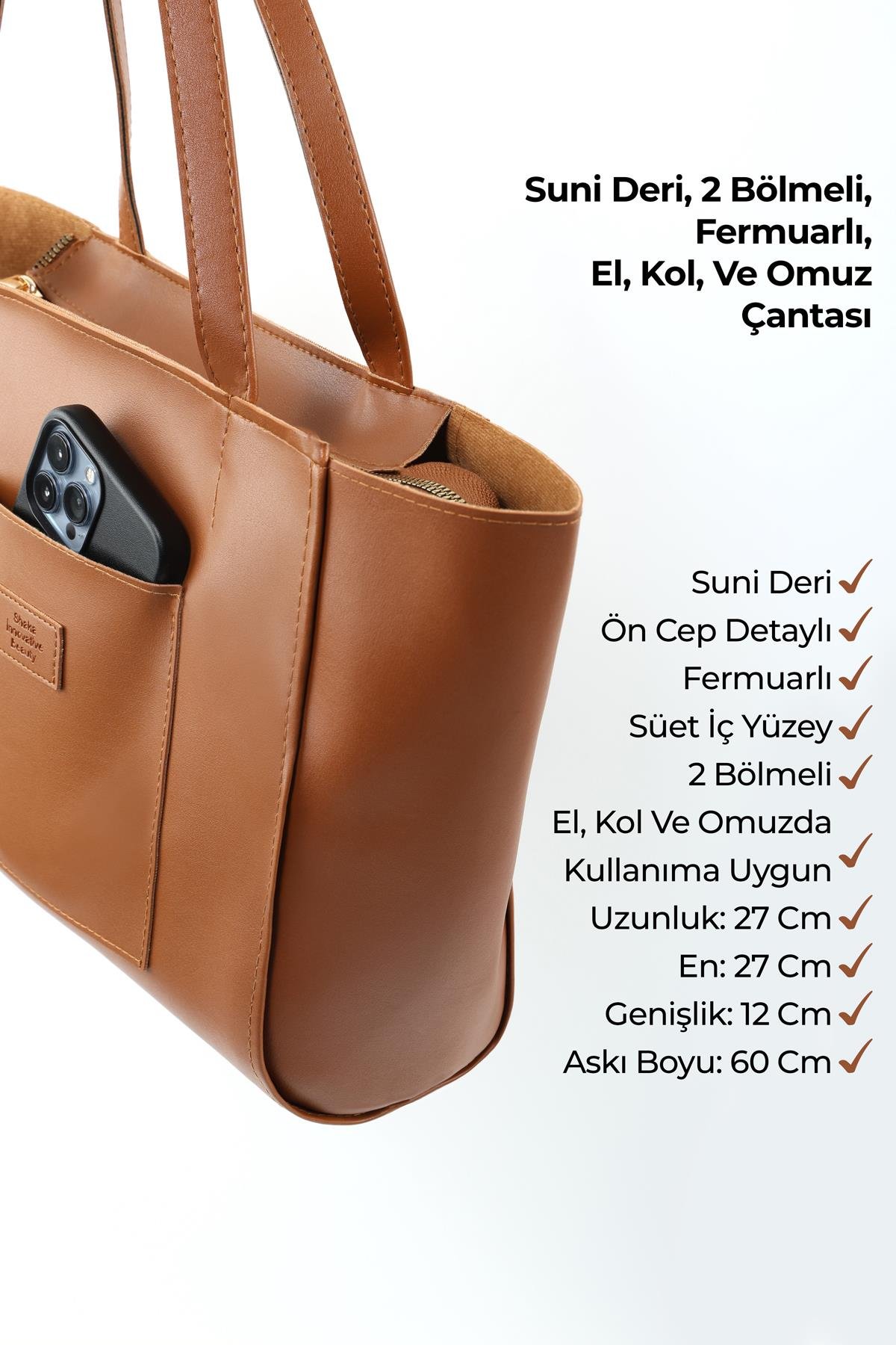 Taba Shk255 Önü Cepli Fermuarlı Suni Deri Büyük Boy El, Kol ve Omuz Çantası