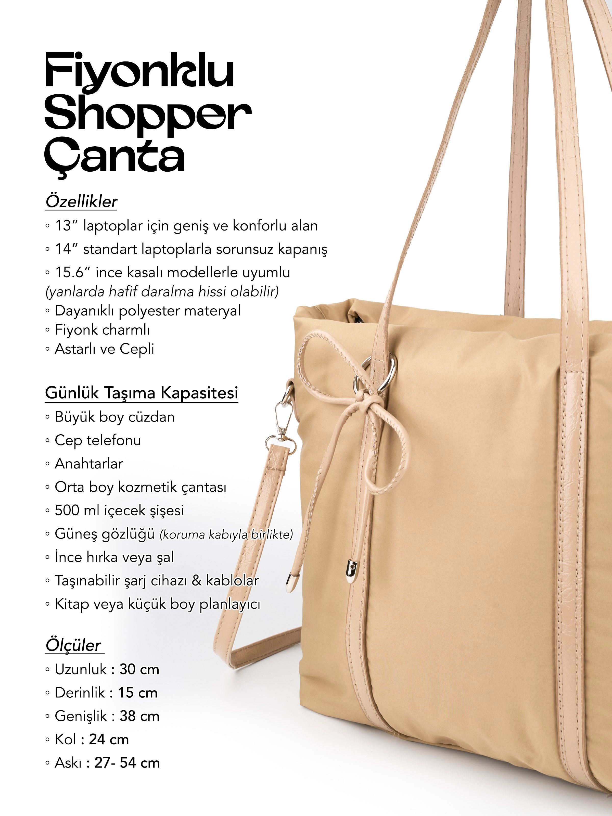 Vizon SHK319 Fiyonk Charmlı,Fermuarlı,Astarlı Shopper Çanta