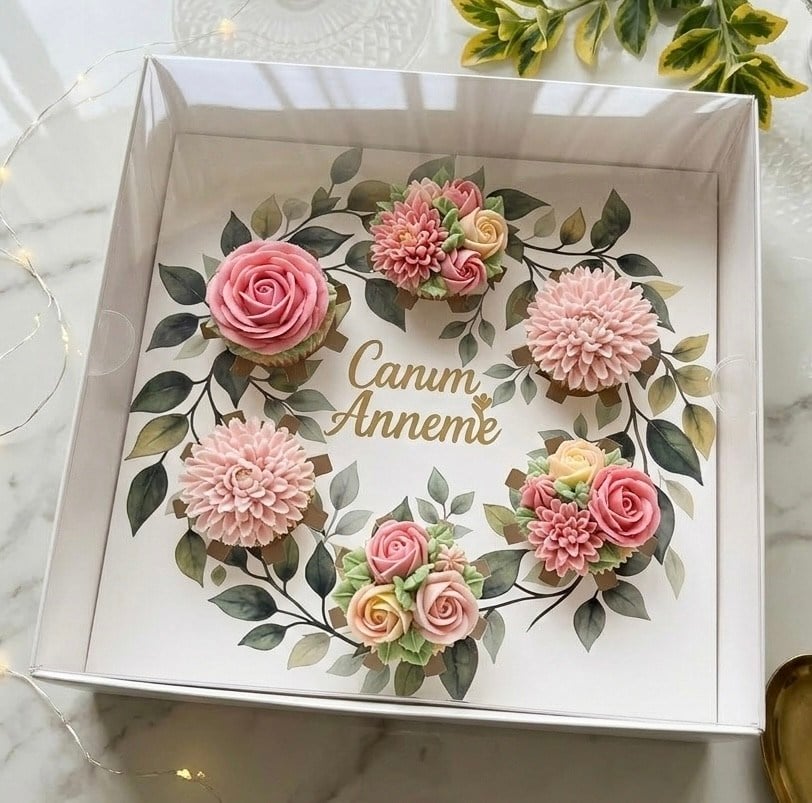 EGE CONCEPT LİFE-Anneler Gününe Özel Yaprak DESENLİ 6 lı CUPCAKE KUTUSU ve Canım Anneme Pleksi set 