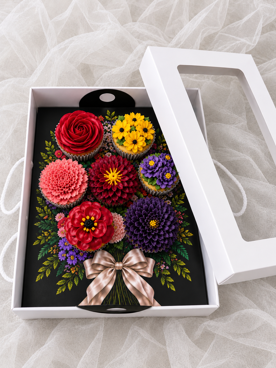 EGE CONCEPT LİFE-Asetat Pencereli SİYAH EXCLUSİVE BUKET CUP CAKE KUTUSU SİYAH EXCLUSİVE  (7 BÖLMELI) 35x26x11  ADETLİ SATIŞ 