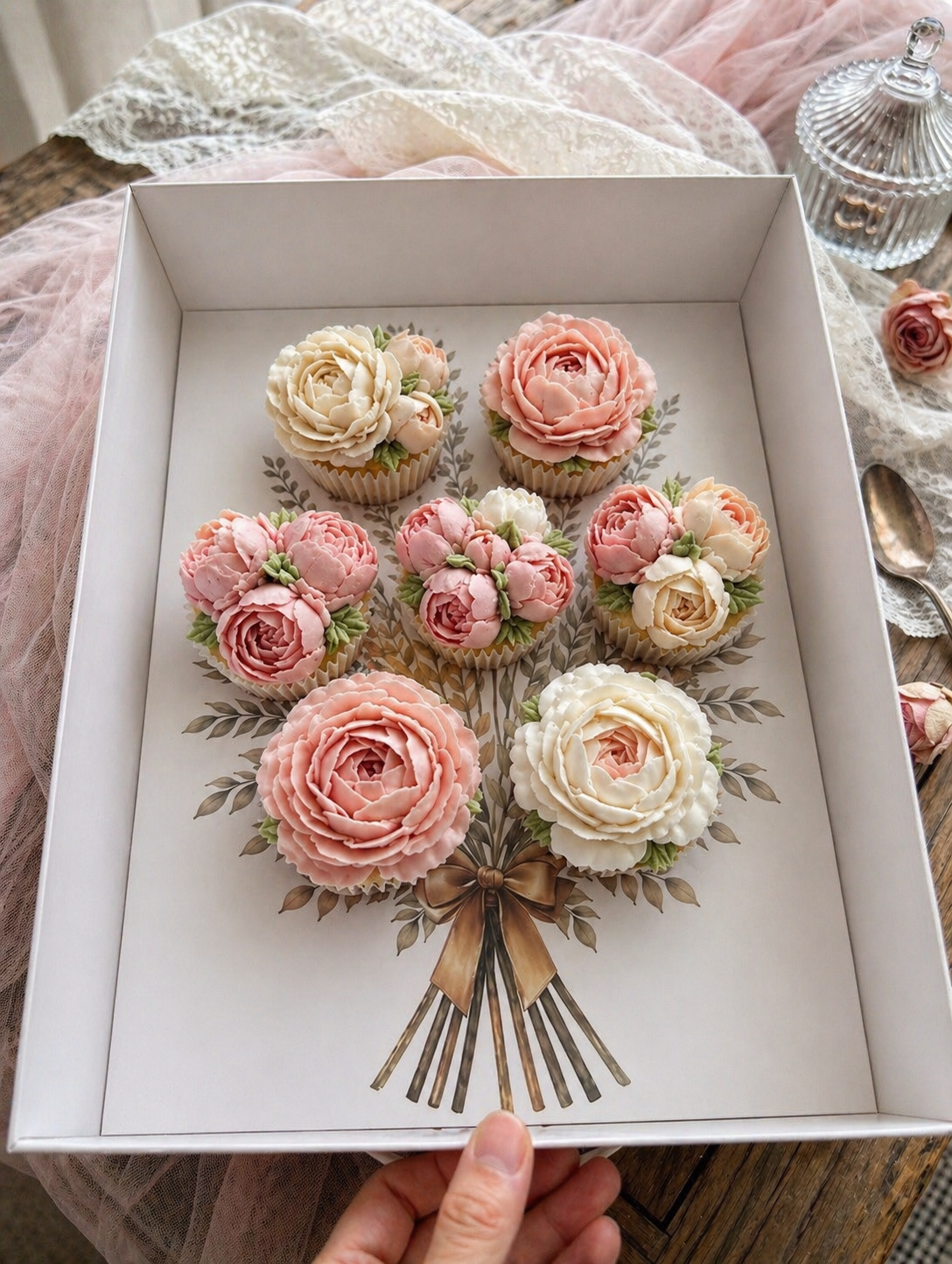 EGE CONCEPT LİFE-Buket Cup Cake Kutusu FULL ASETAT KAPAKLI YAPRAK BASKILI (7 bölmeli ) 35x26x11 