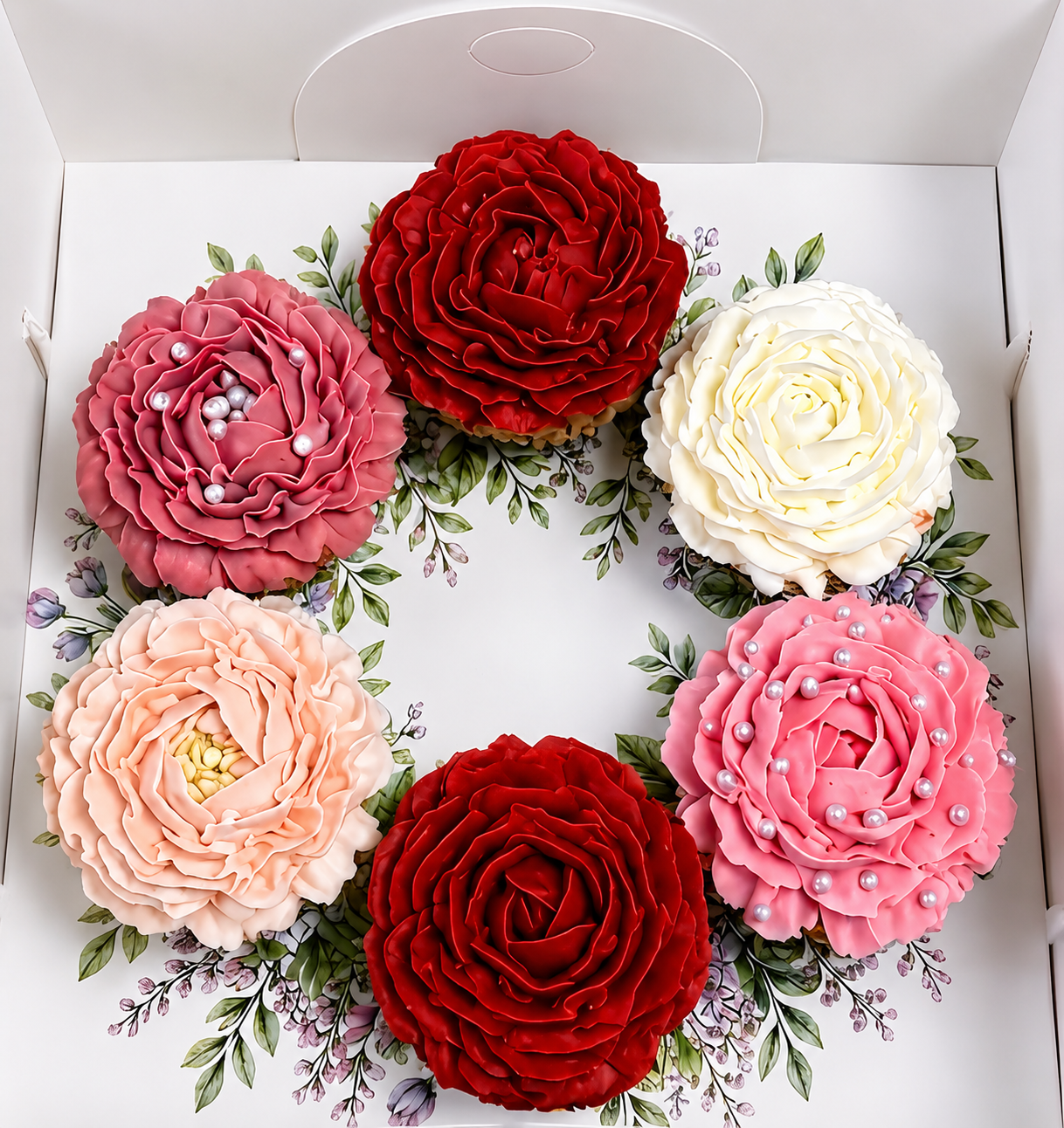 EGE CONCEPT LİFE-ERGUVAN ÇELENK DESENLİ 6 lı CUPCAKE KUTUSU 25x25x10 ADETLİ SATIŞ 
