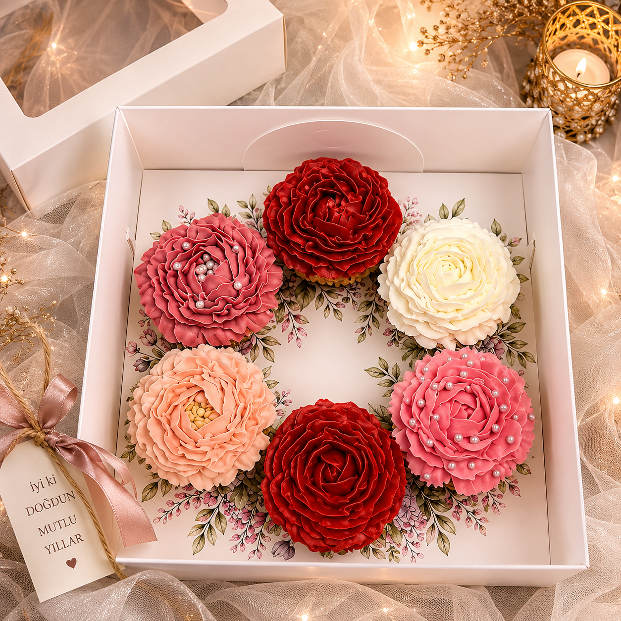EGE CONCEPT LİFE-ERGUVAN ÇELENK DESENLİ 6 lı CUPCAKE KUTUSU 25x25x10