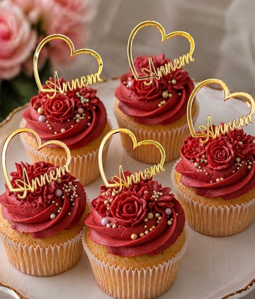 EGE CONCEPT LİFE-KALP ANNEM YAZILI  CUP CAKE BOY Pleksi pasta süsü GOLD 