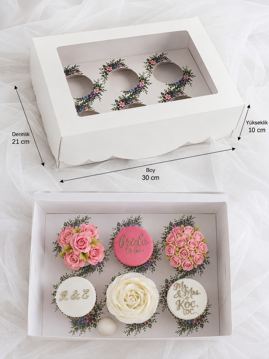 EGE CONCEPT LİFE-(Model 2) 6 LI CUPCAKE KUTUSU ÇİÇEK VE YAPRAK DESENLİ  