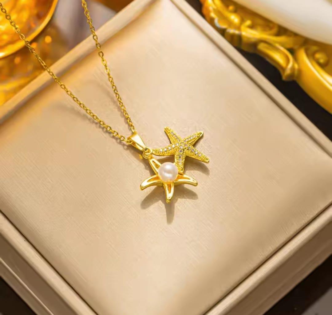 Sns20158İnci taşlı çelik gold zincir kolye
