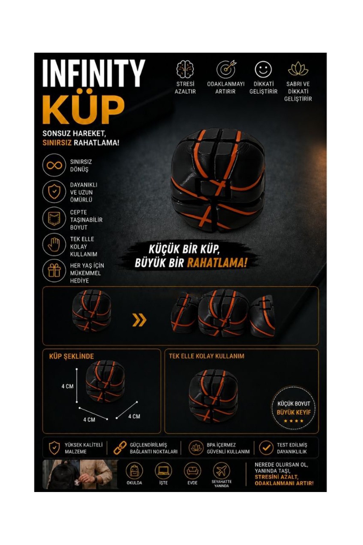 Basketbol Toplu Siyah İnfinity Cupe Stres Küpü Sınırsız Katlanabilir Hareketli Küp Çift Renkli