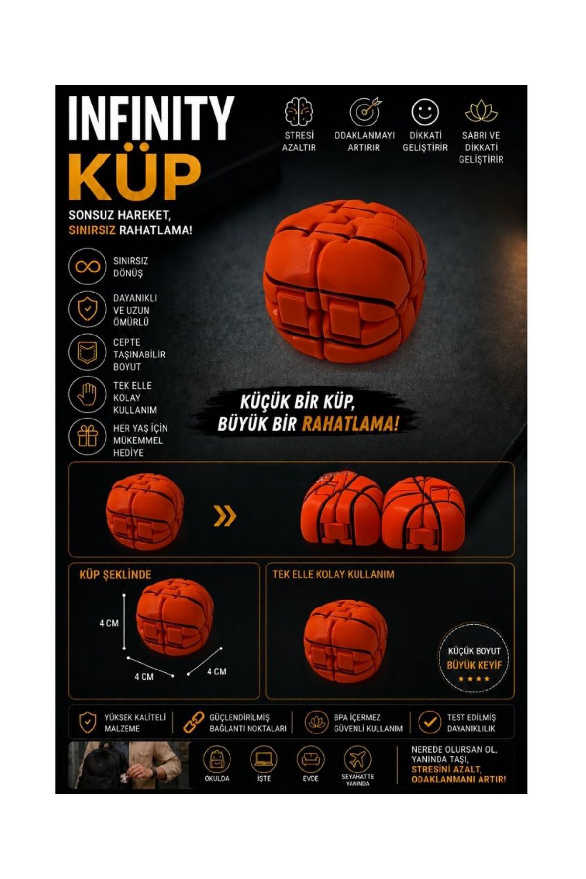 Basketbol Toplu Turuncu İnfinity Cupe Stres Küpü Sınırsız Katlanabilir Hareketli Küp Çift Renkli