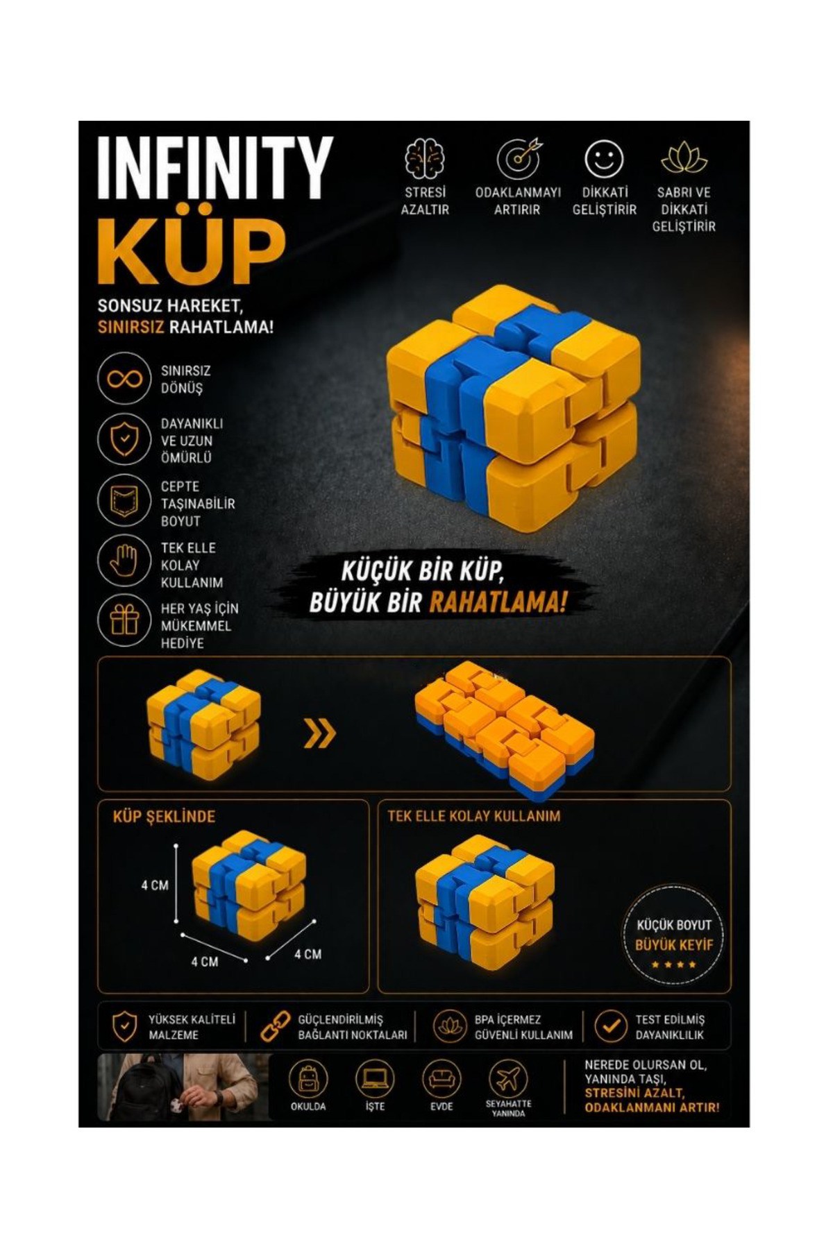 Sarı Lacivert İnfinity Cupe Stres Küpü Sınırsız Katlanabilir Hareketli Küp Çift Renkli