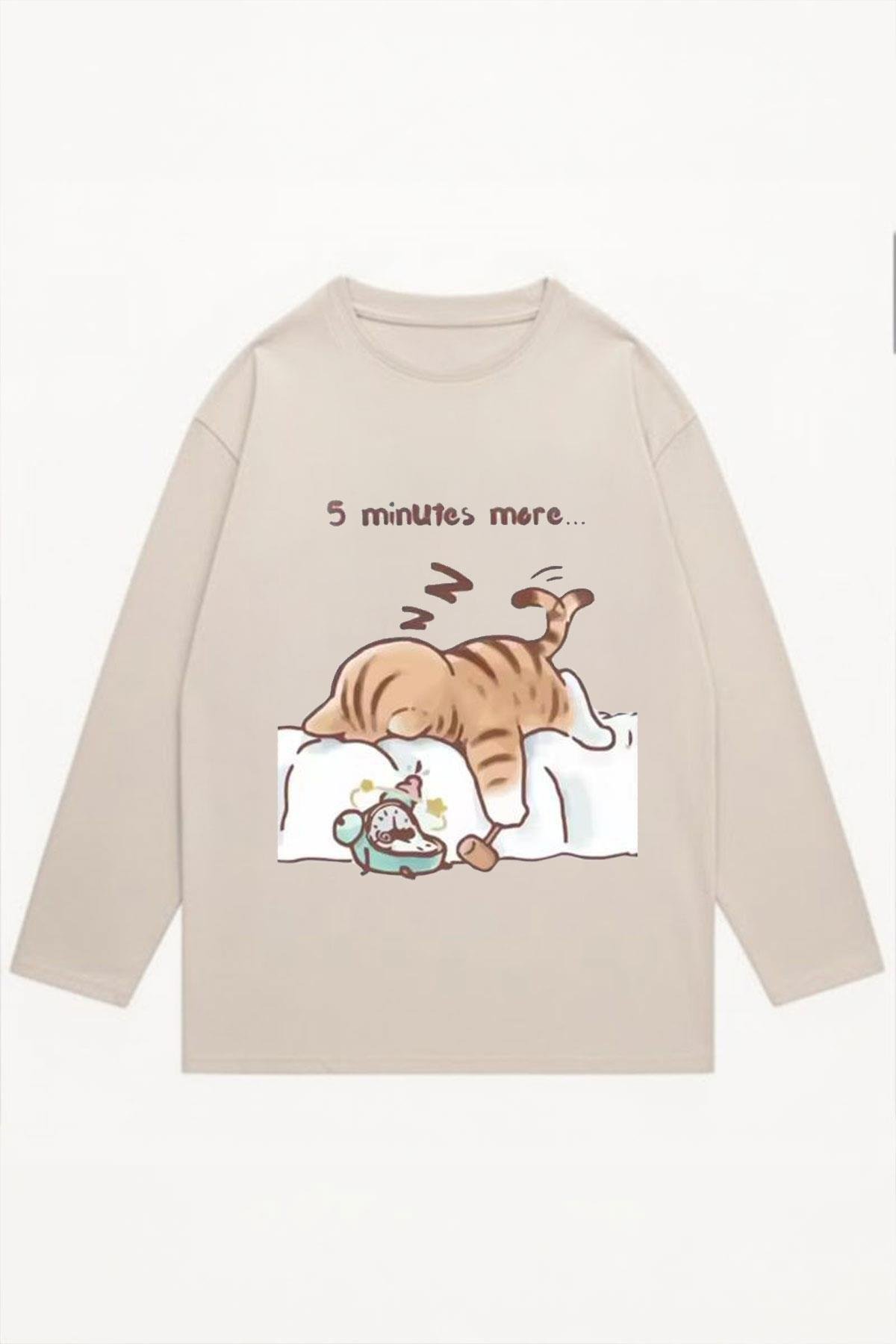Bej Kawai ''5 Minutes Mere...'' Sleeping Cat Y2K İnce Kumaş Unisex Sweatshirt