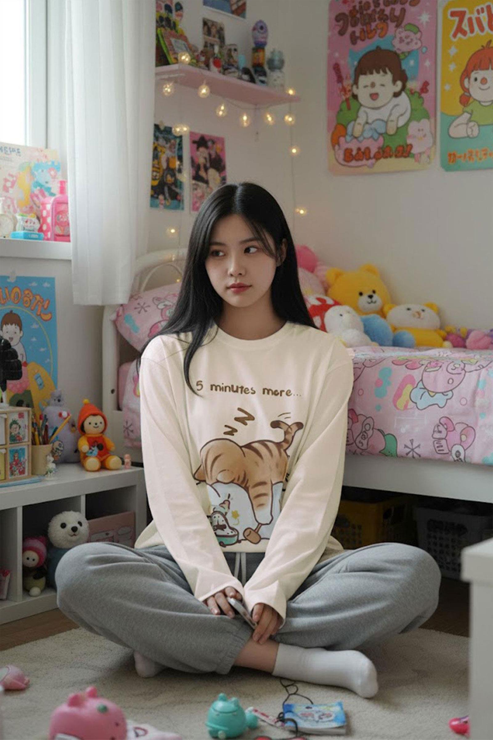 Bej Kawai ''5 Minutes Mere...'' Sleeping Cat Y2K İnce Kumaş Unisex Sweatshirt