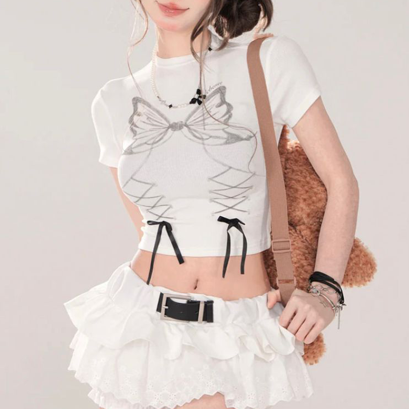 Beyaz Fiyonklu Gri Butterfly Kısa Kollu Crop
